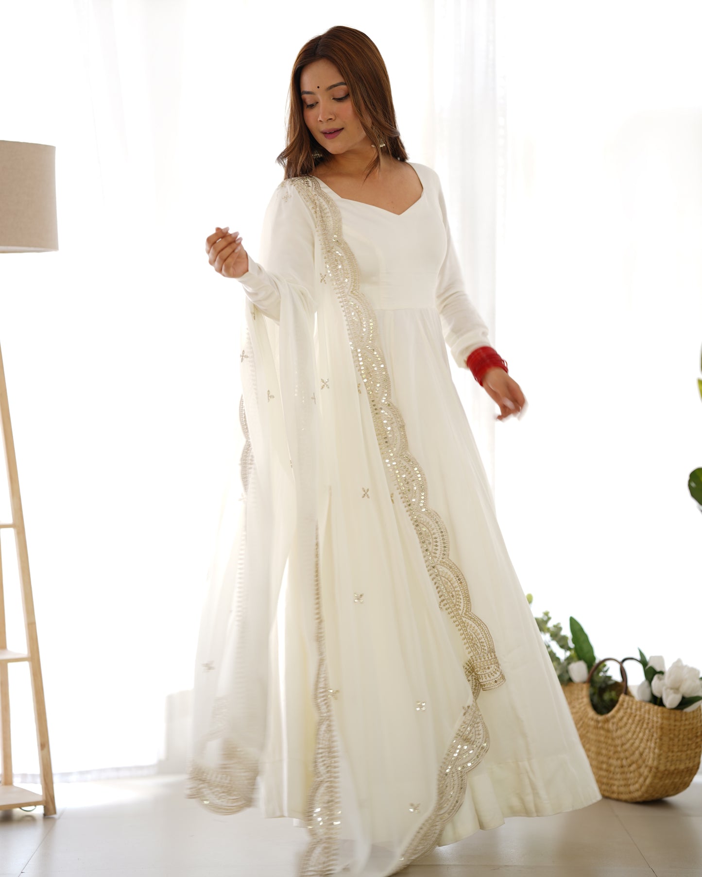Off White Heavy pure Chanderi Romansilk 3pc Anarkali Gown Set