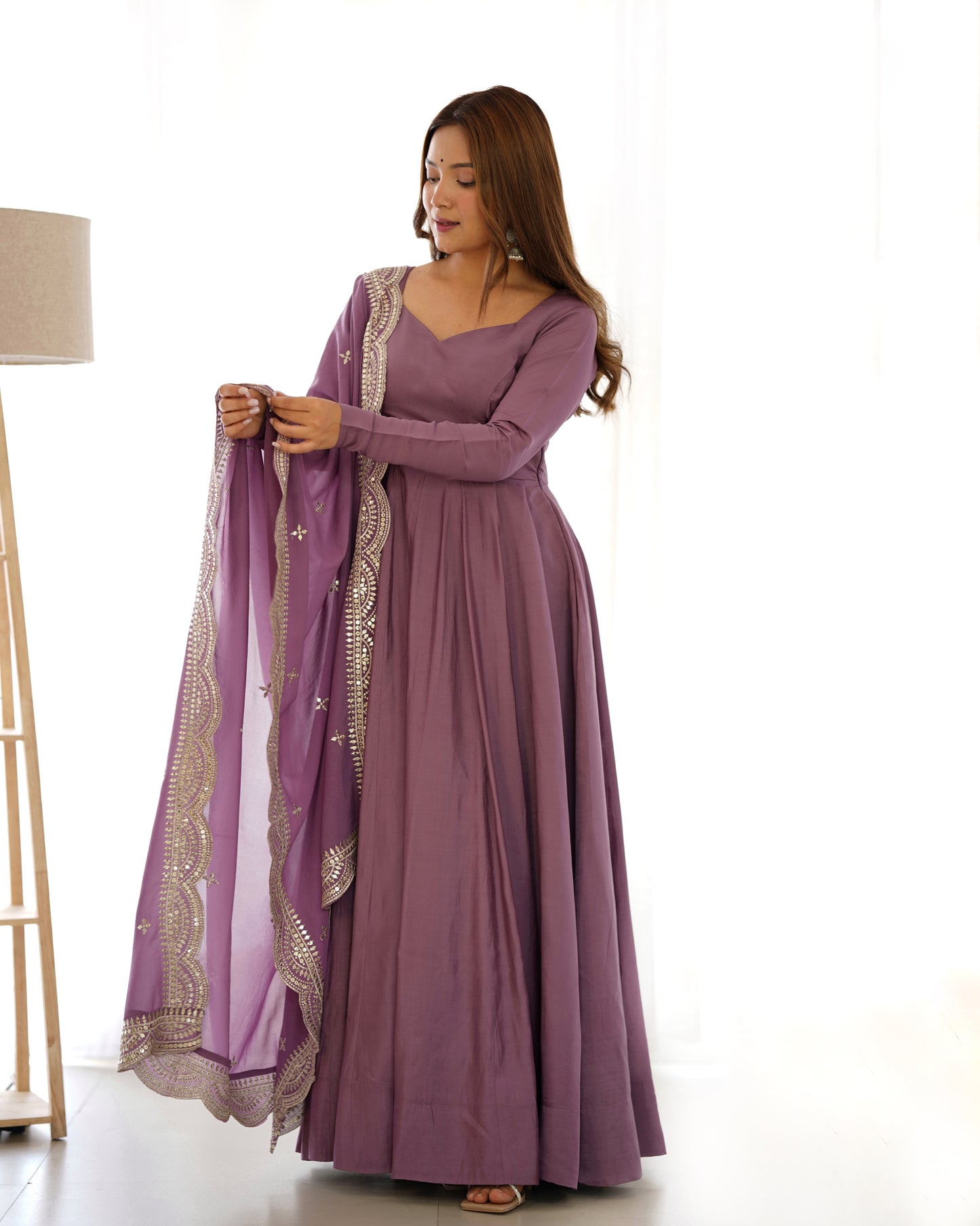 Mauve Pink Heavy pure Chanderi Romansilk 3pc Anarkali Gown Set