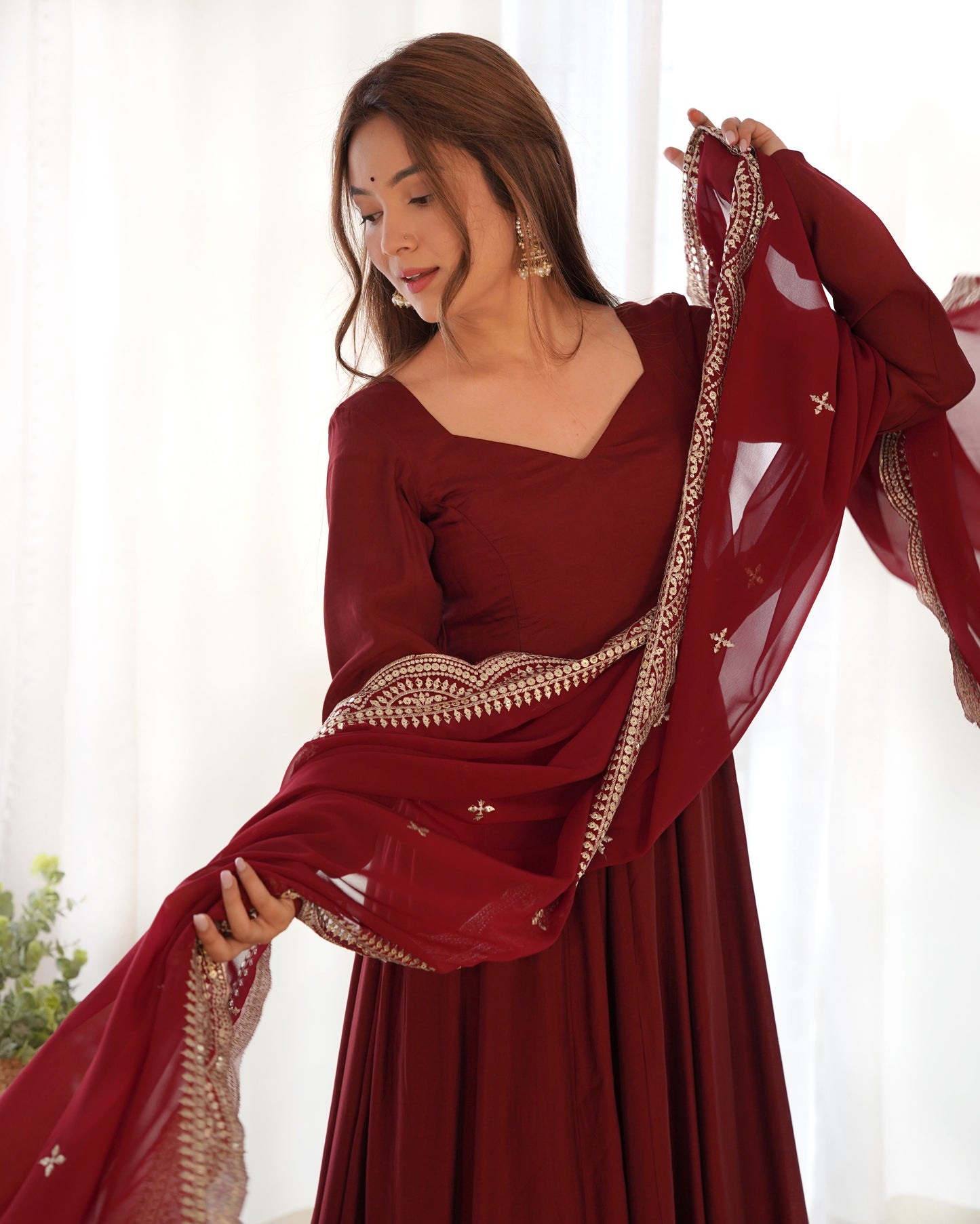 Maroon Heavy pure Chanderi Romansilk 3pc Anarkali Gown Set