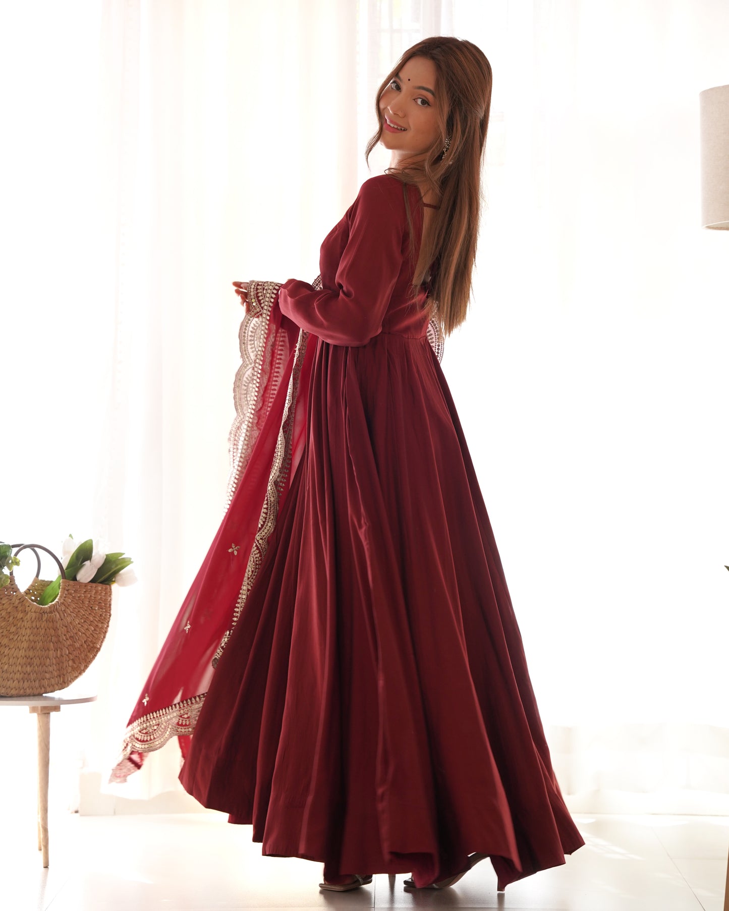 Maroon Heavy pure Chanderi Romansilk 3pc Anarkali Gown Set