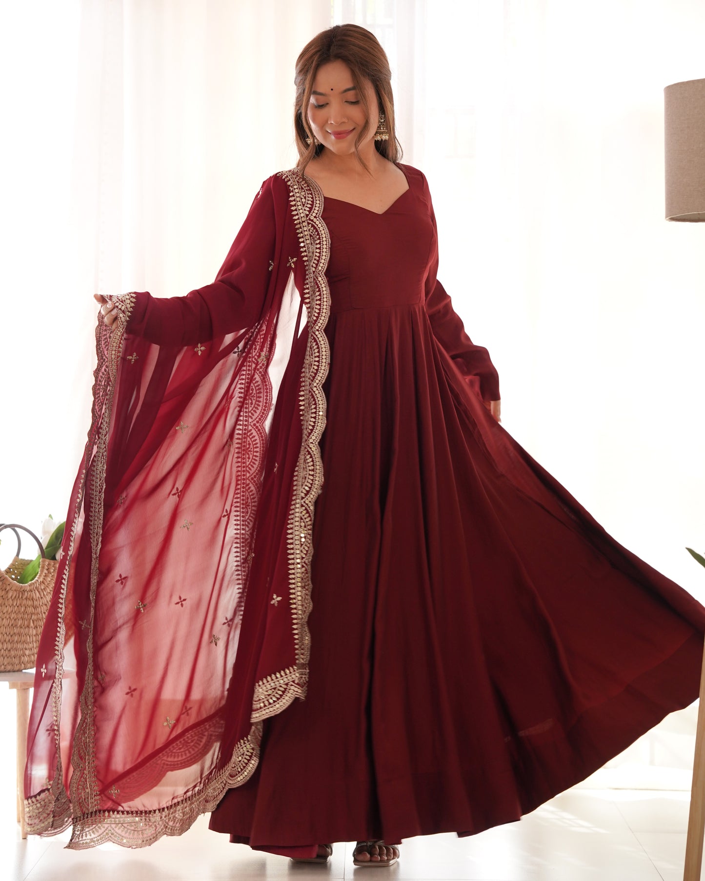 Maroon Heavy pure Chanderi Romansilk 3pc Anarkali Gown Set