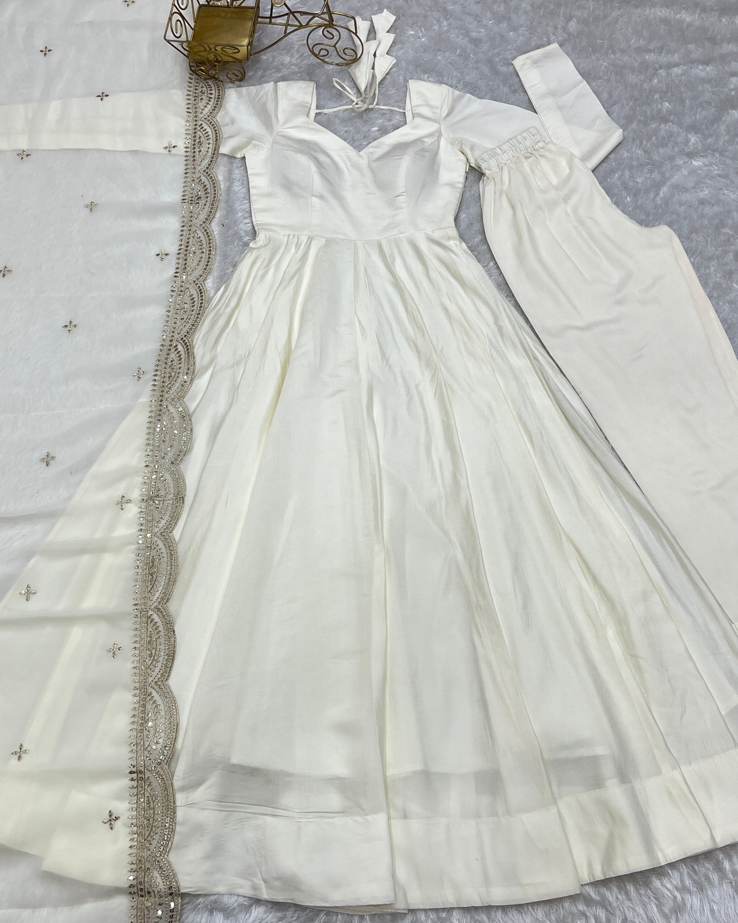 Off White Heavy pure Chanderi Romansilk 3pc Anarkali Gown Set