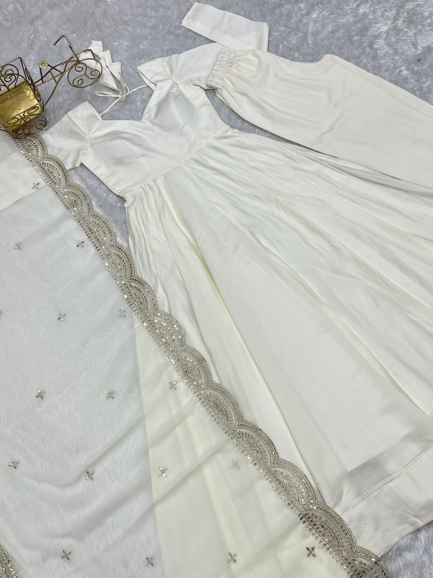 Off White Heavy pure Chanderi Romansilk 3pc Anarkali Gown Set