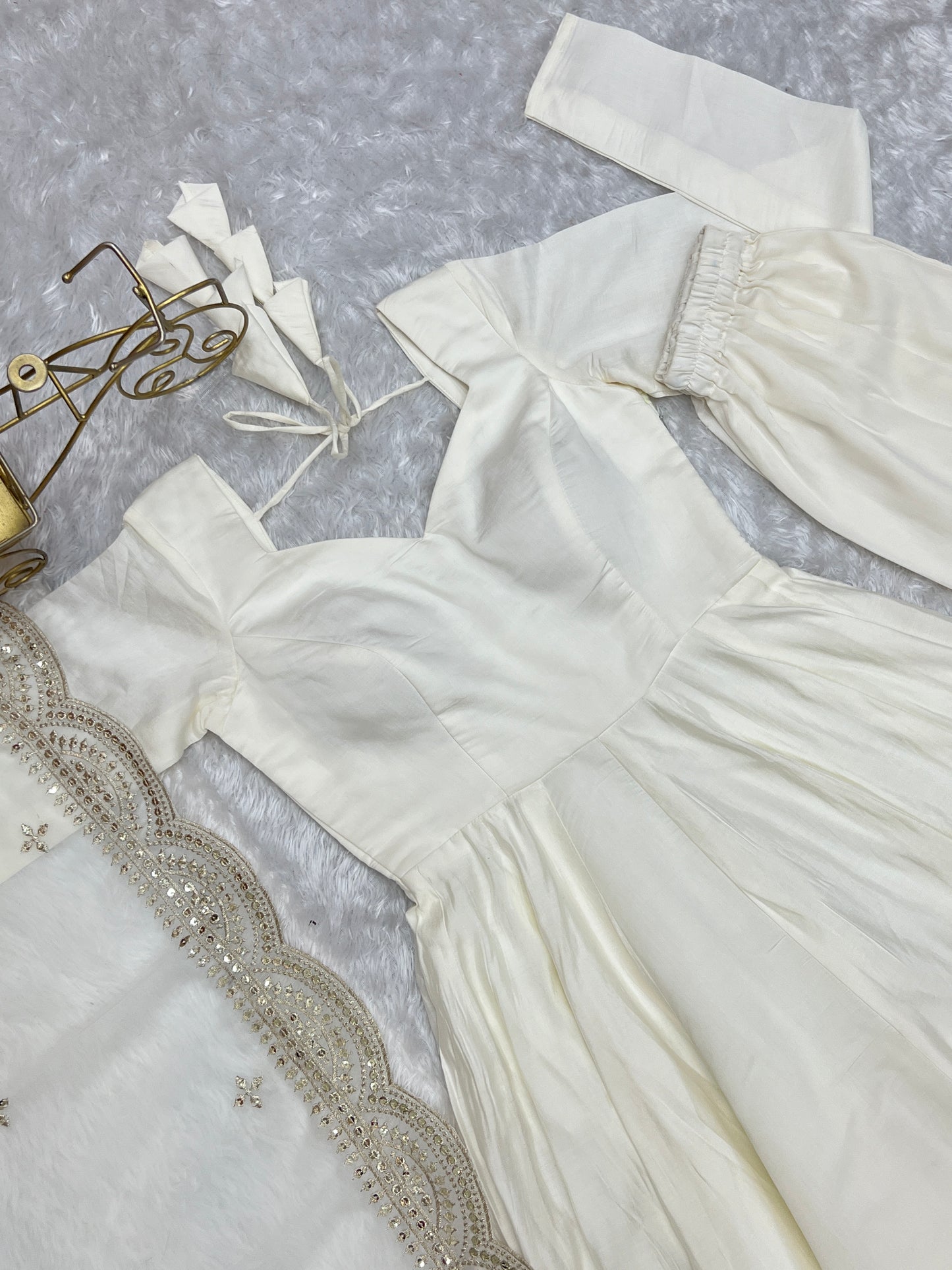 Off White Heavy pure Chanderi Romansilk 3pc Anarkali Gown Set