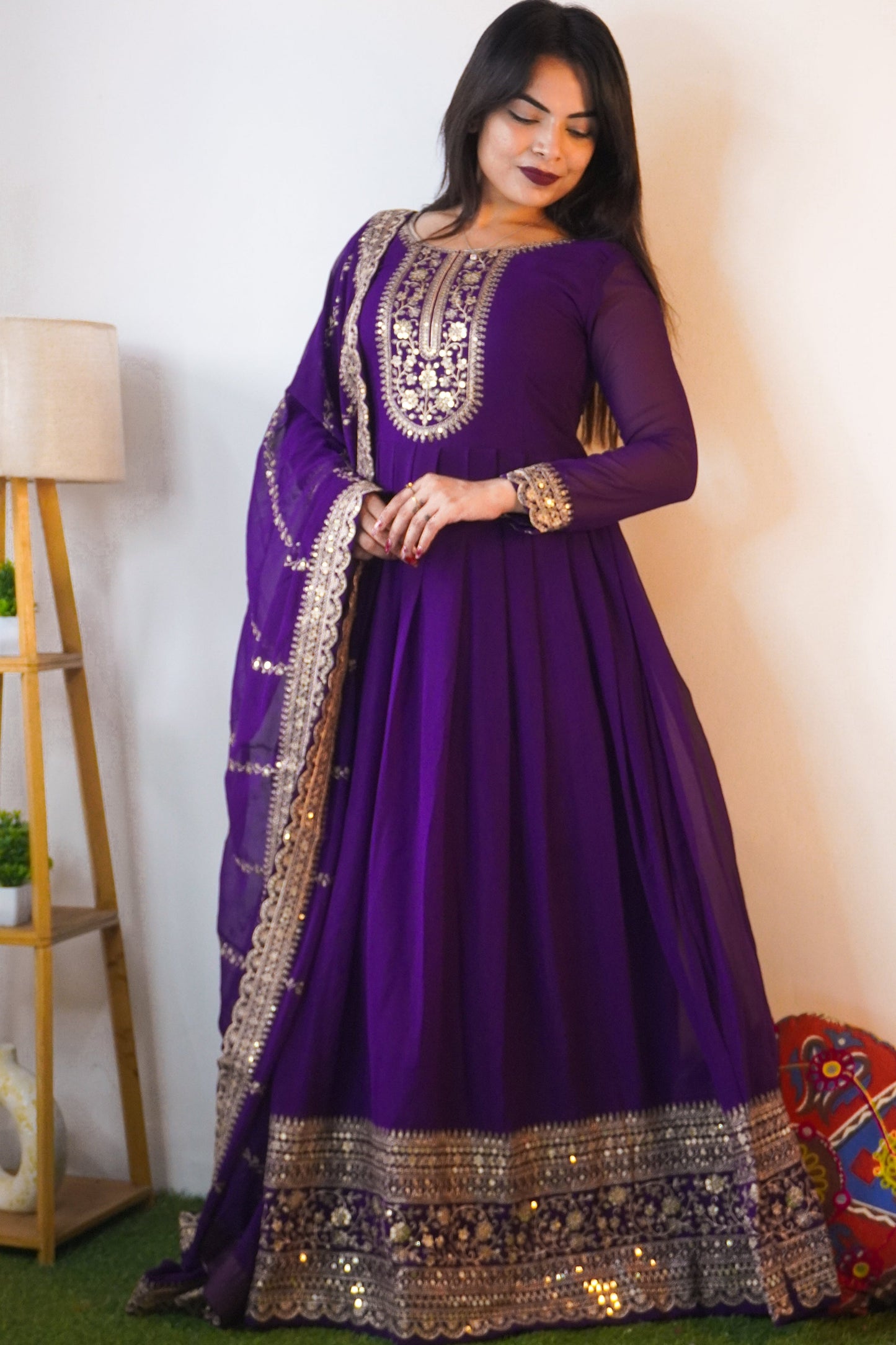 ELEGANT WINE COLOR ANARKALI GOWN WITH FAUX BLOOMING DUPATTA