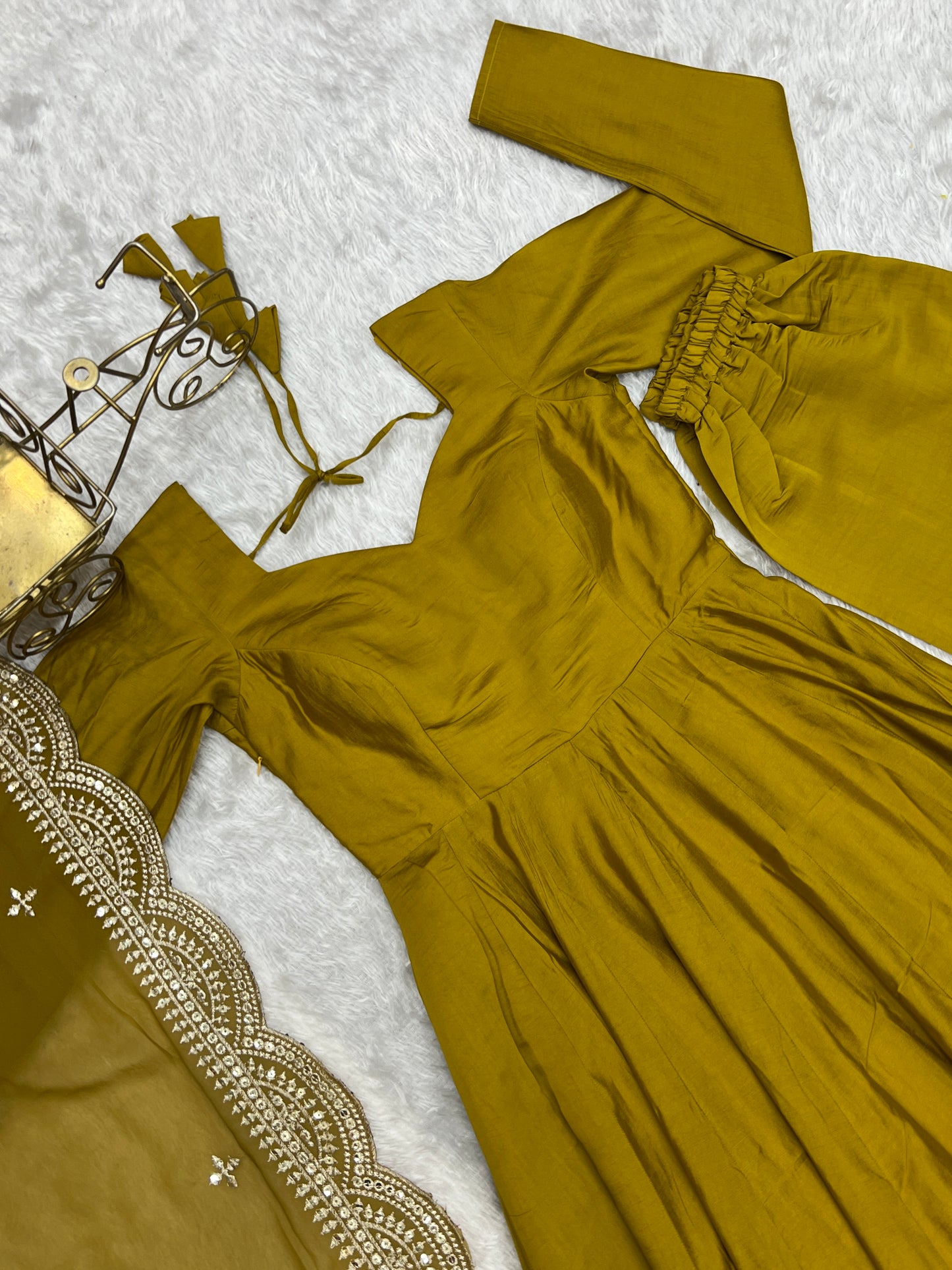 Musturd Heavy pure Chanderi Romansilk 3pc Anarkali Gown Set