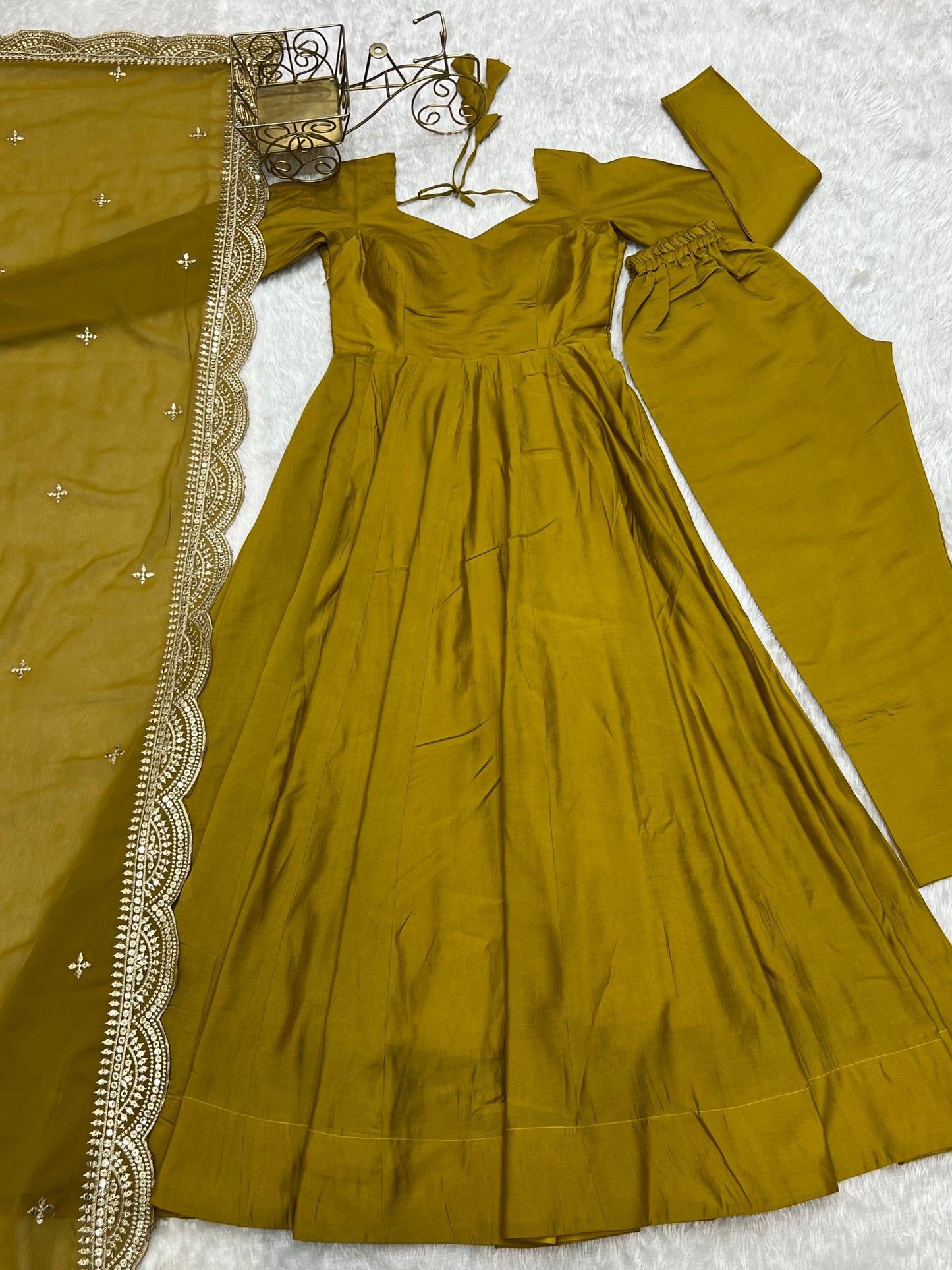 Musturd Heavy pure Chanderi Romansilk 3pc Anarkali Gown Set