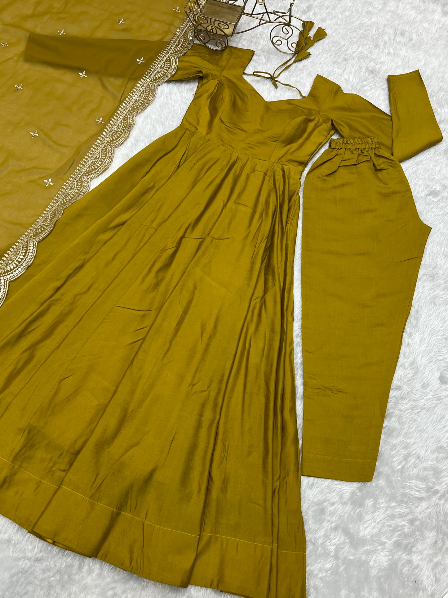 Musturd Heavy pure Chanderi Romansilk 3pc Anarkali Gown Set