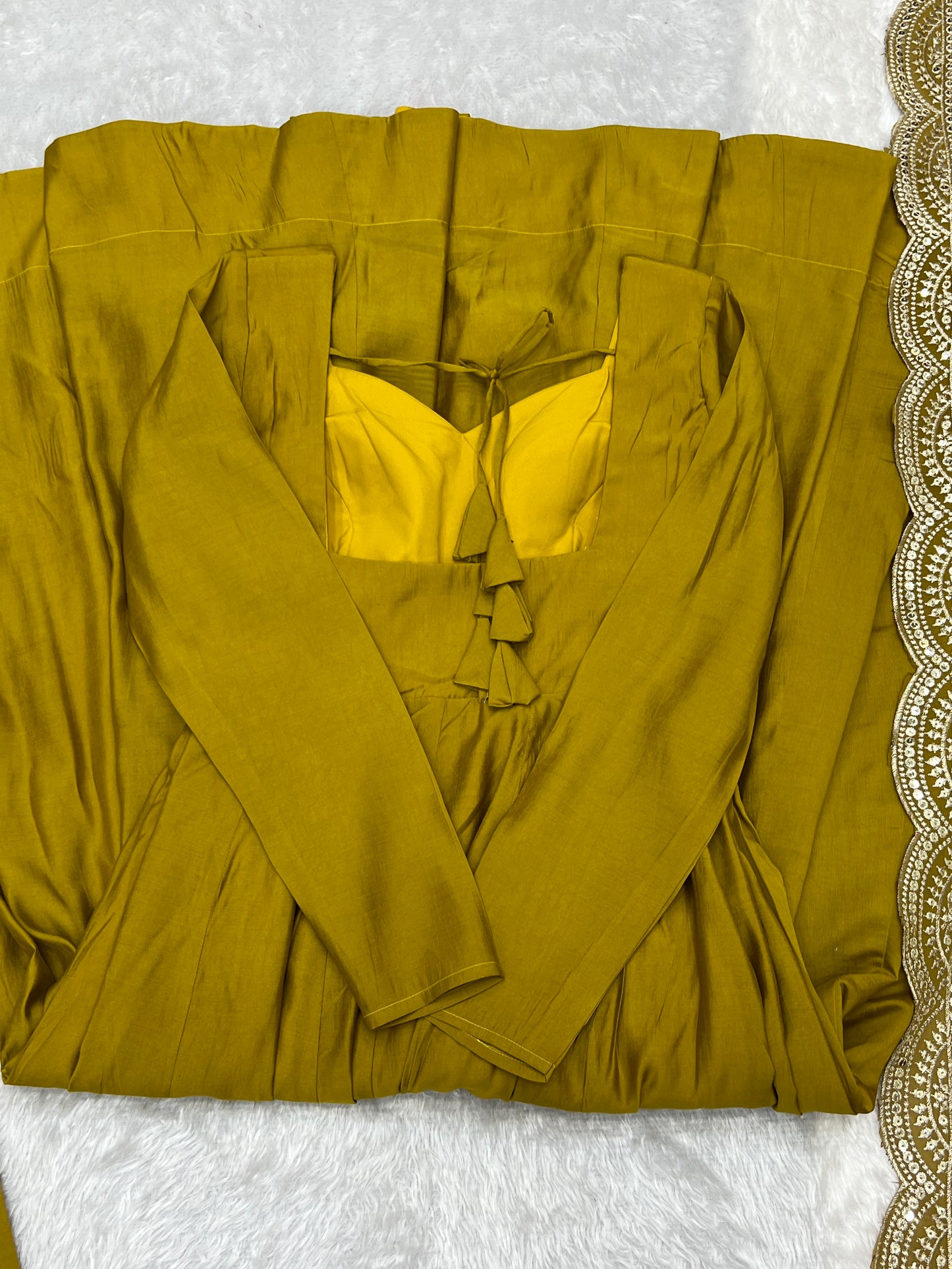 Musturd Heavy pure Chanderi Romansilk 3pc Anarkali Gown Set