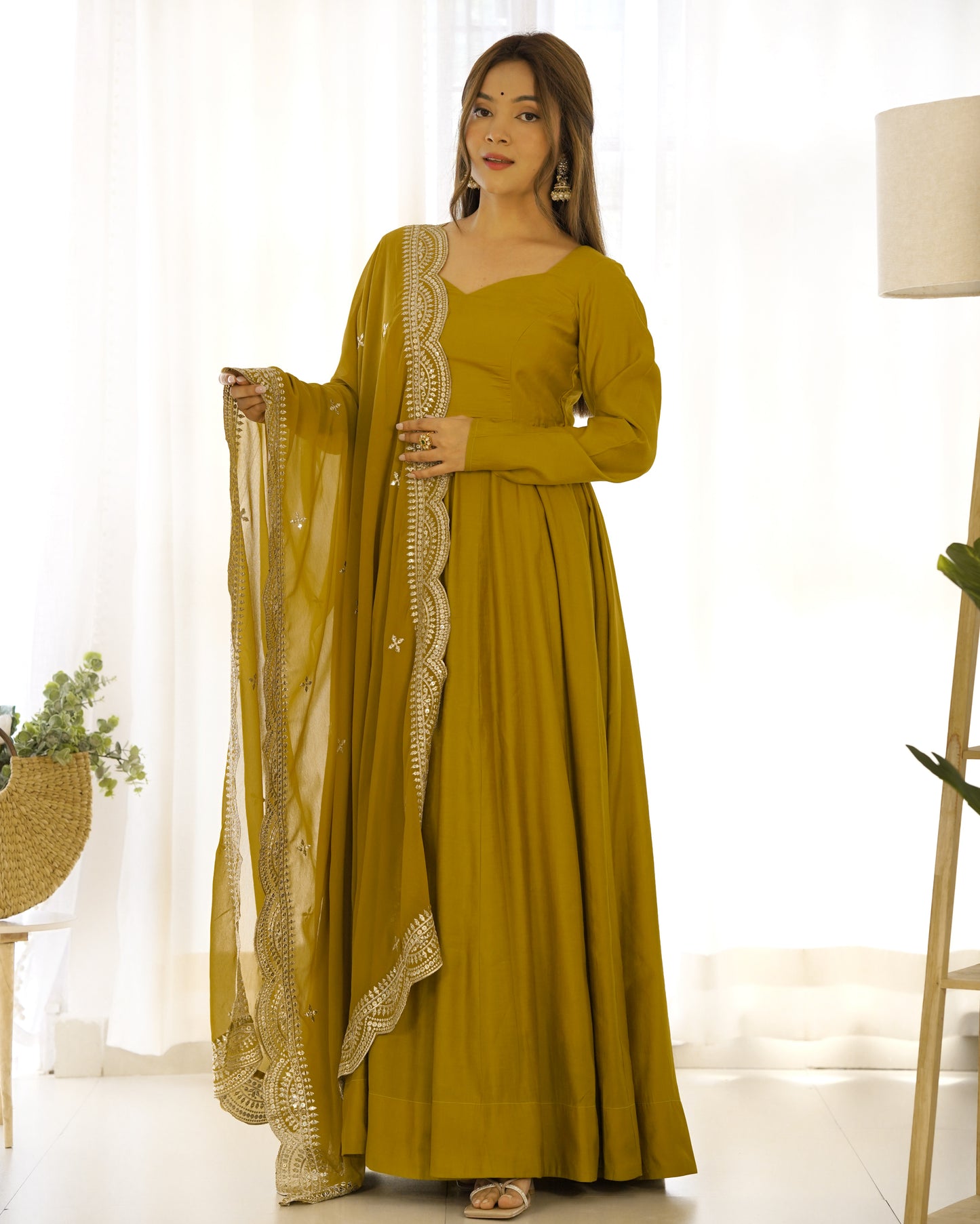Musturd Heavy pure Chanderi Romansilk 3pc Anarkali Gown Set
