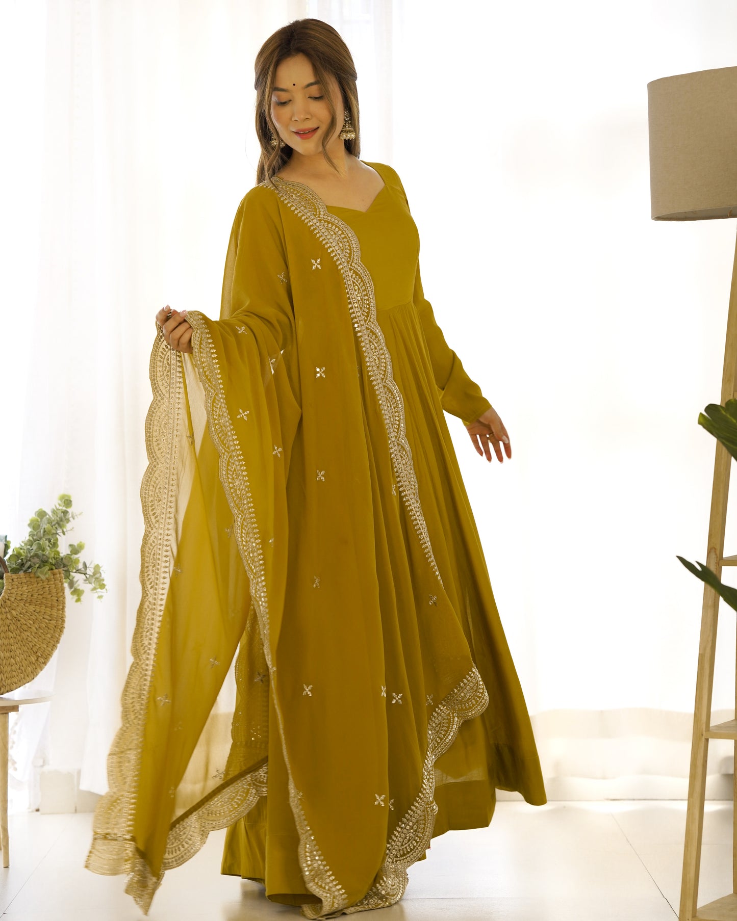 Musturd Heavy pure Chanderi Romansilk 3pc Anarkali Gown Set