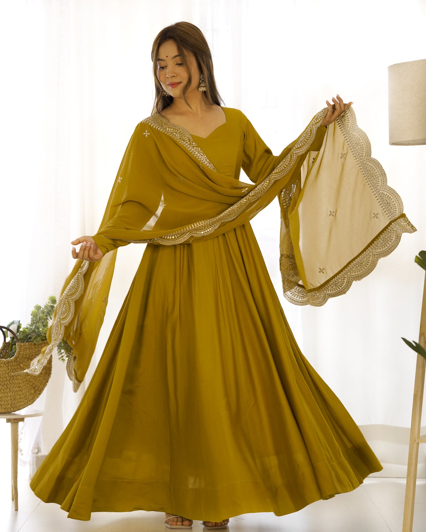 Musturd Heavy pure Chanderi Romansilk 3pc Anarkali Gown Set