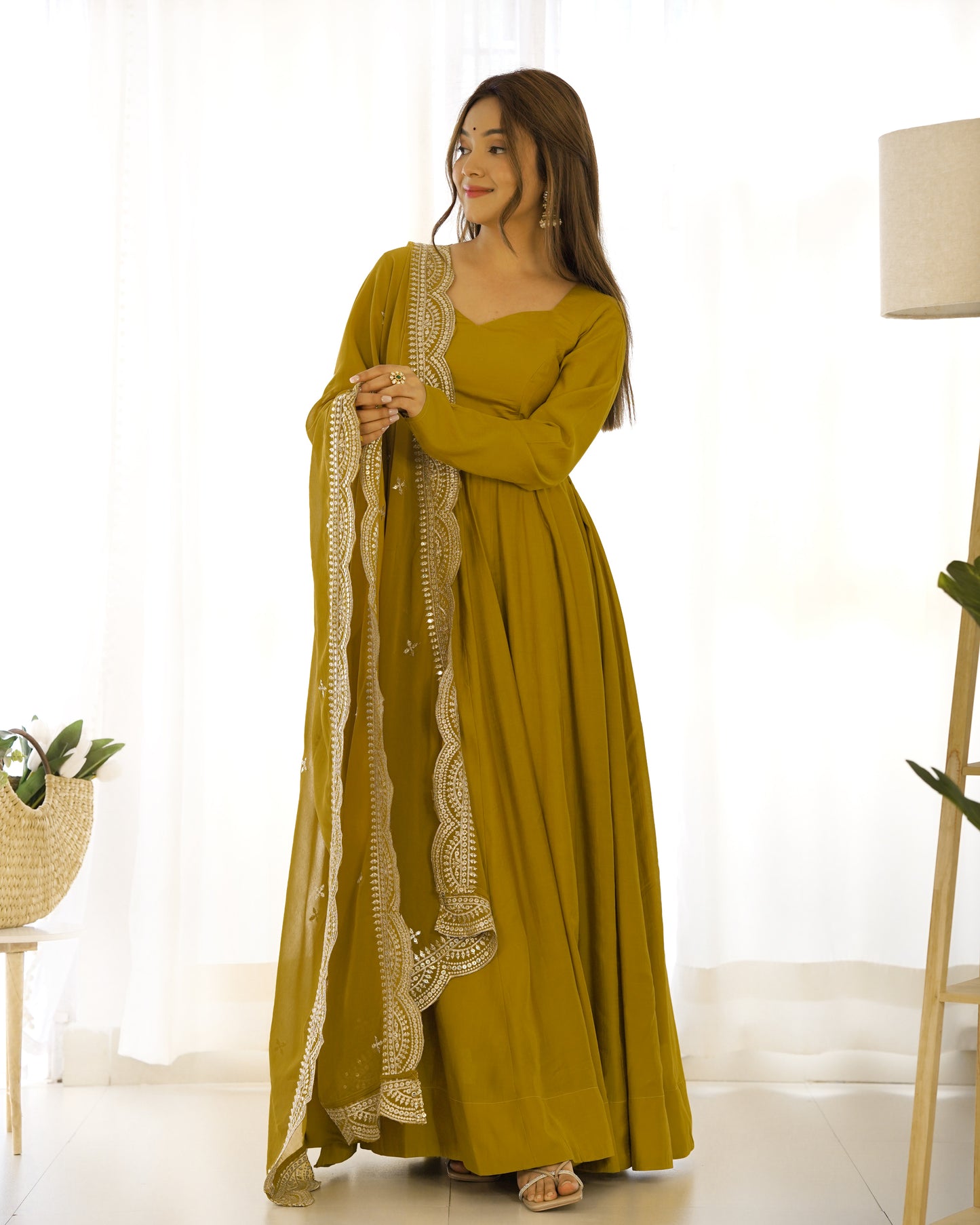 Musturd Heavy pure Chanderi Romansilk 3pc Anarkali Gown Set