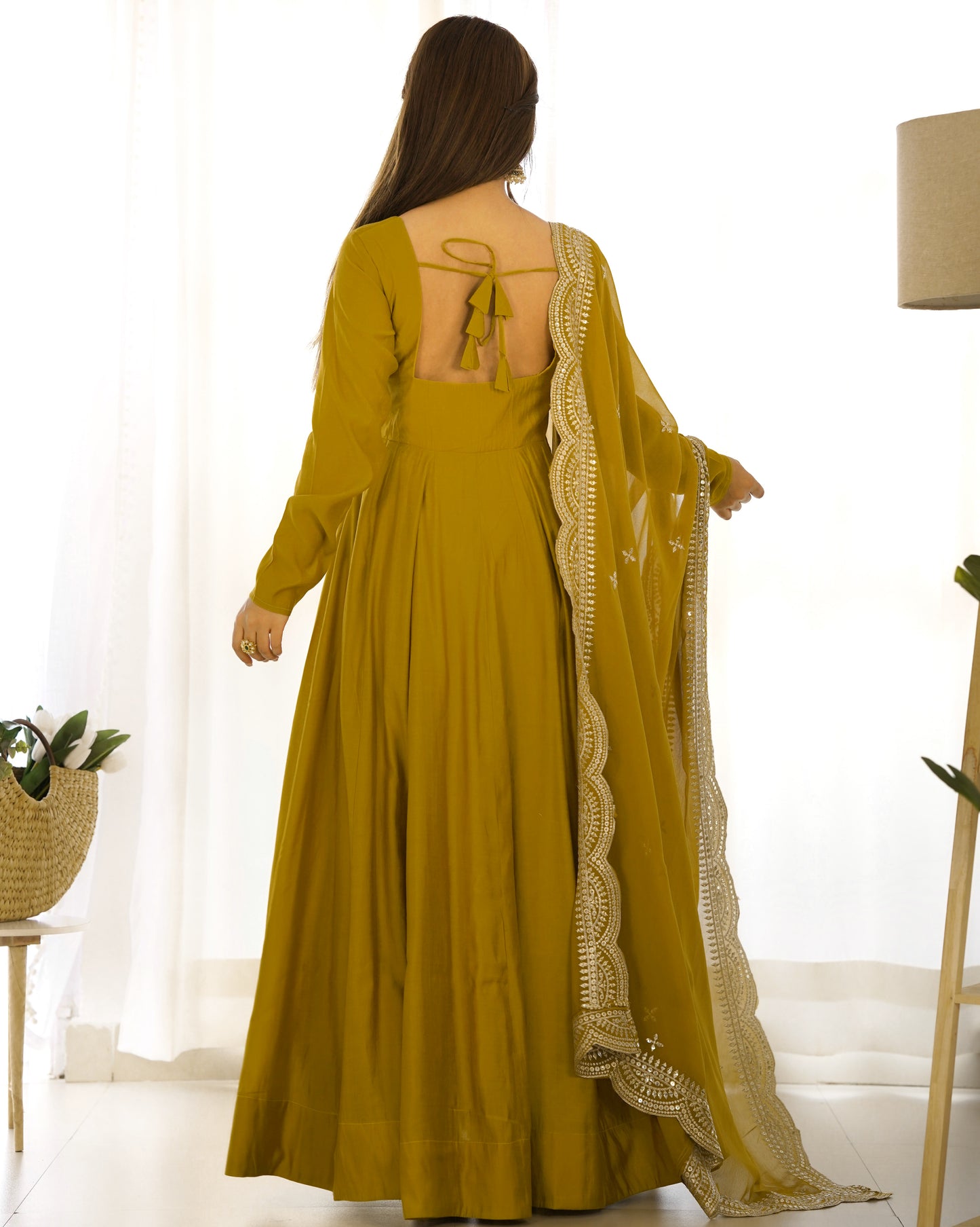 Musturd Heavy pure Chanderi Romansilk 3pc Anarkali Gown Set
