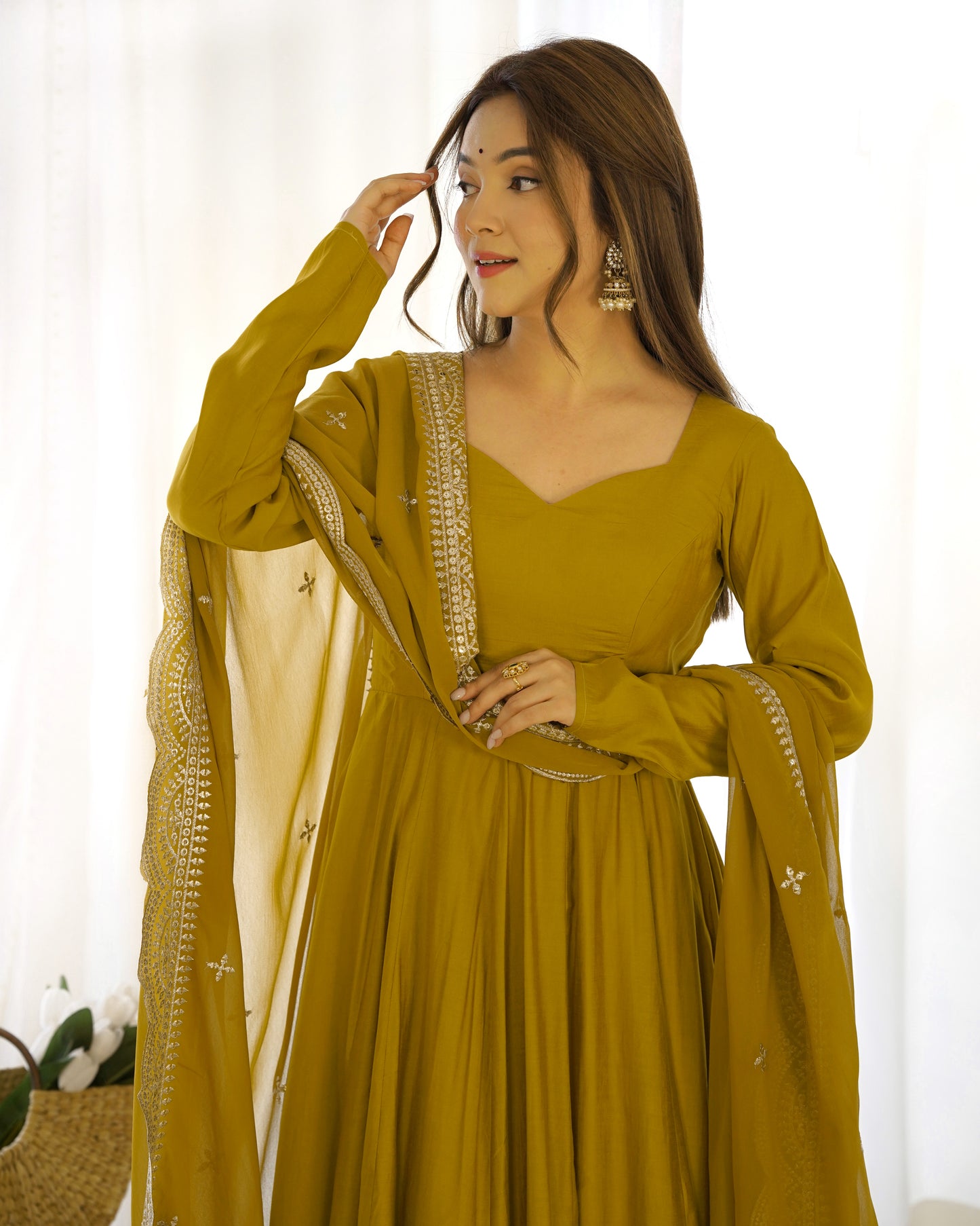 Musturd Heavy pure Chanderi Romansilk 3pc Anarkali Gown Set