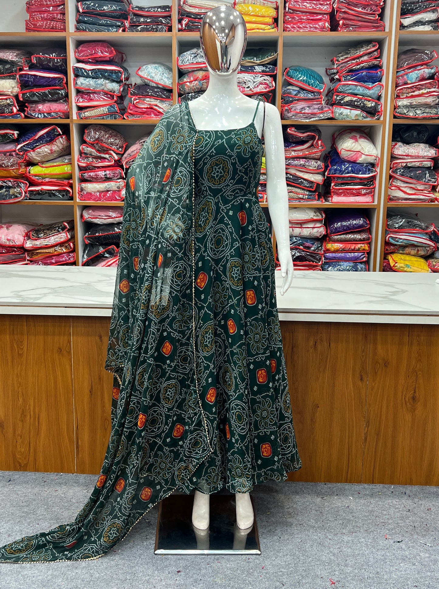 SOFT LIGHT WEIGHT CHIFFON GREEN BANDHANI PRINT ANARKALI 3PC KURTA SET