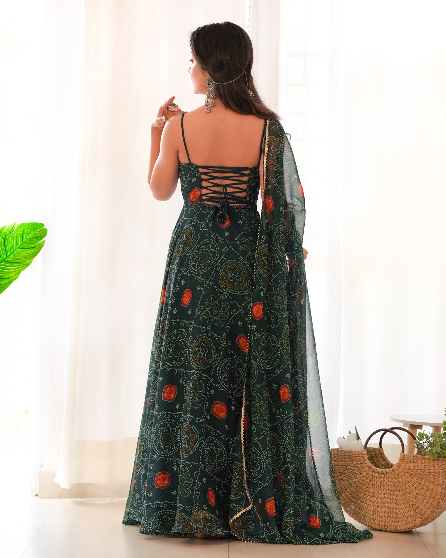 SOFT LIGHT WEIGHT CHIFFON GREEN BANDHANI PRINT ANARKALI 3PC KURTA SET