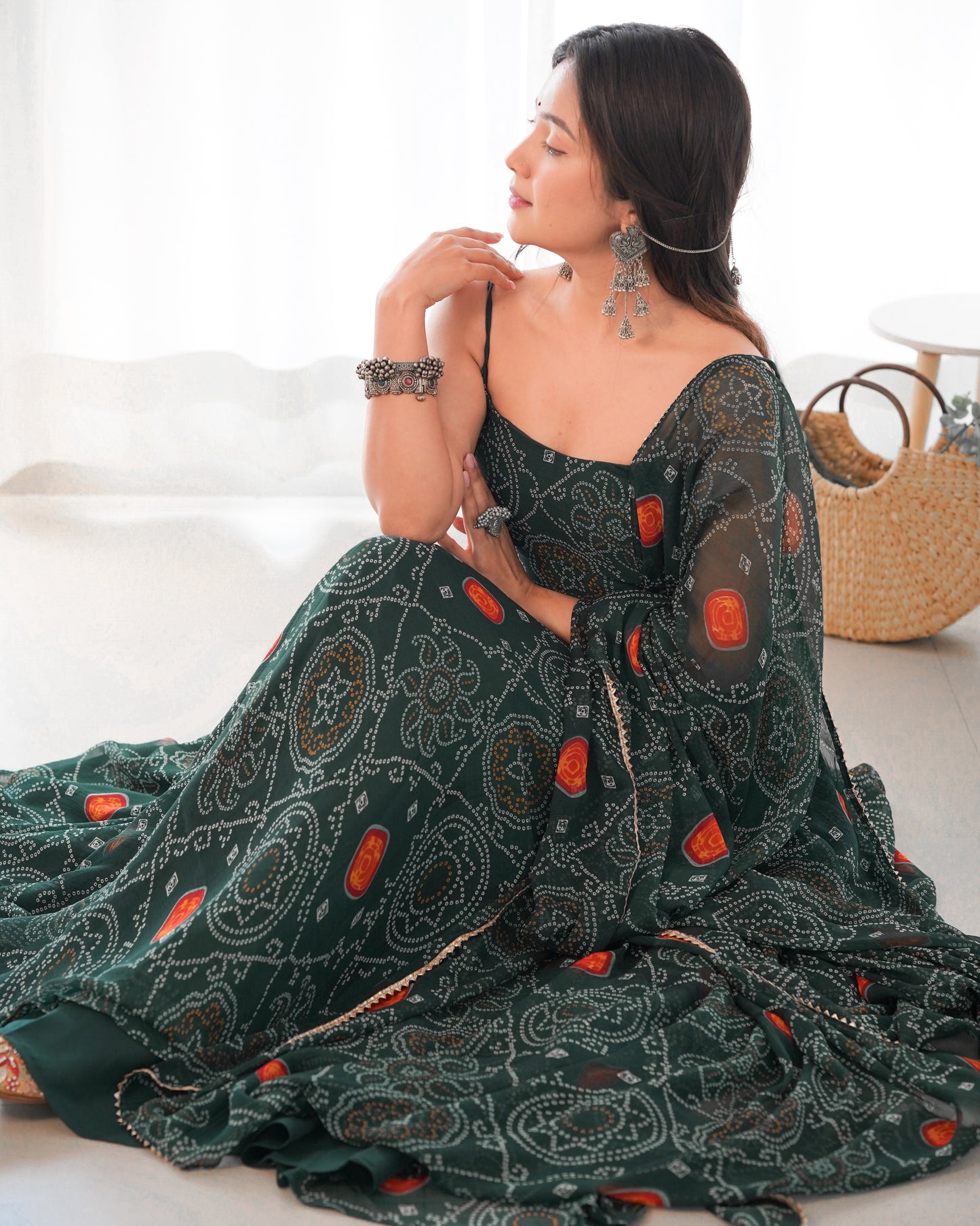SOFT LIGHT WEIGHT CHIFFON GREEN BANDHANI PRINT ANARKALI 3PC KURTA SET