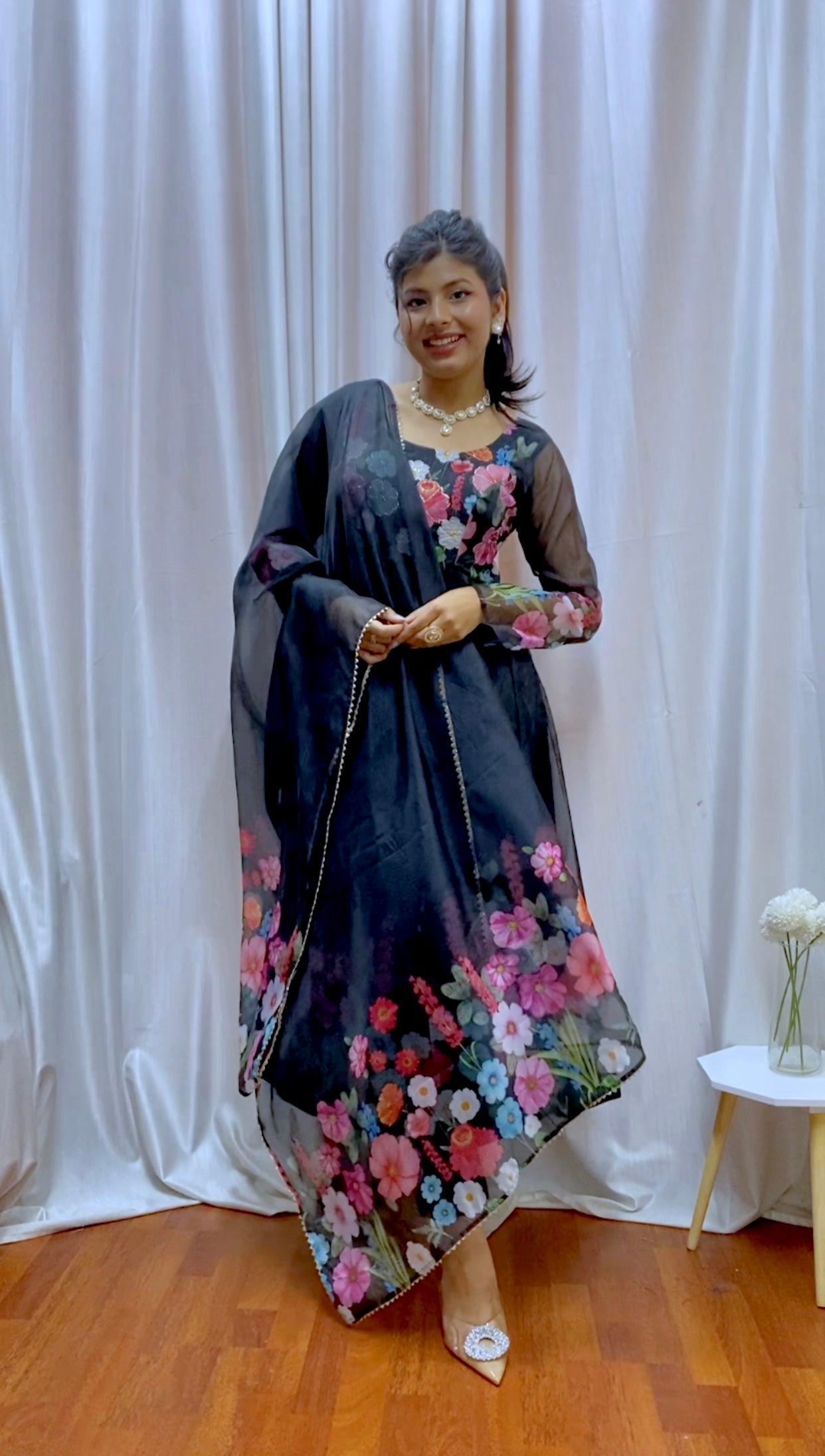 BLAK FLORAL PRINT WITH BADLA ZARI WORK ANARKALI 3PC KURTA SET