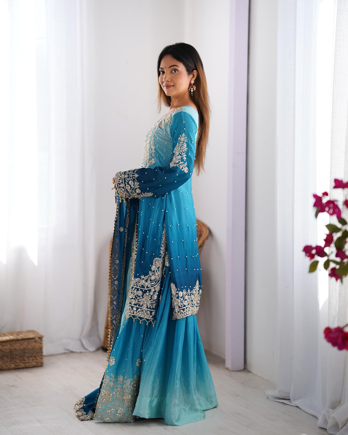 Chinon Silk Plazo Set with Rivet Moti Work