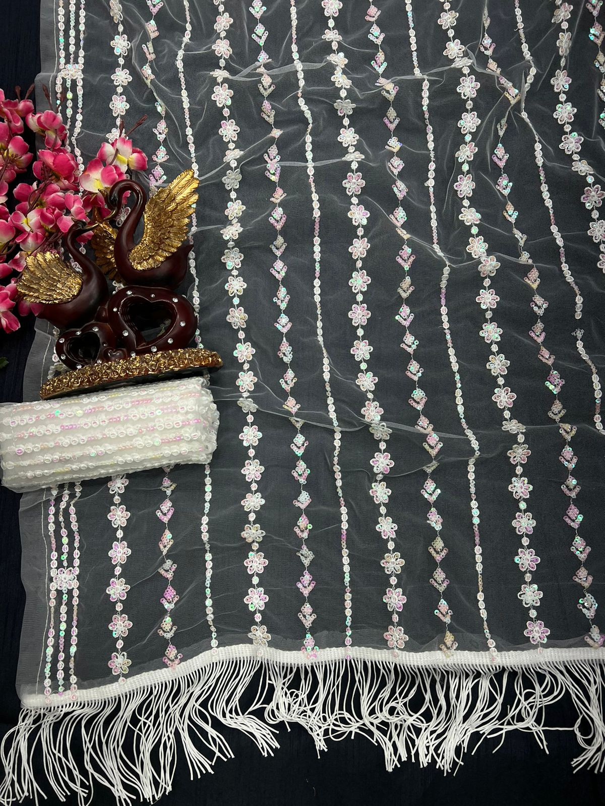 WHITE COLOR SEQUINS EMBROIDERY WORK WITH FANCY TASSLE BORDER SAREE