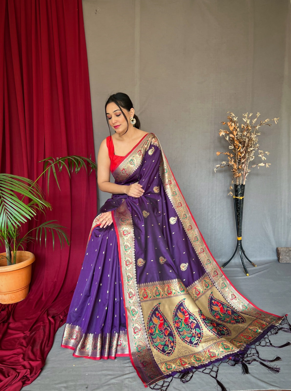 NAVY BLUE MEENA MOR PURE PAITHANI SILK SAREE