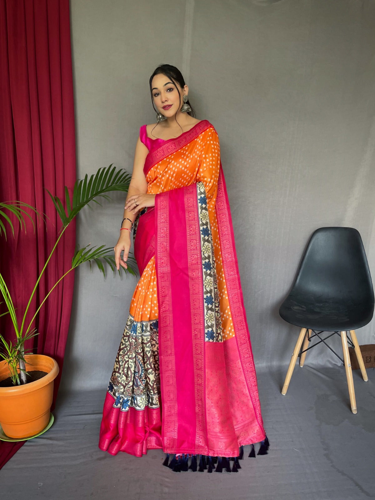 HERITAGE NAVY BLUE COLOR BANDHEJ WITH KALAMKARI FUSION SILK SAREE