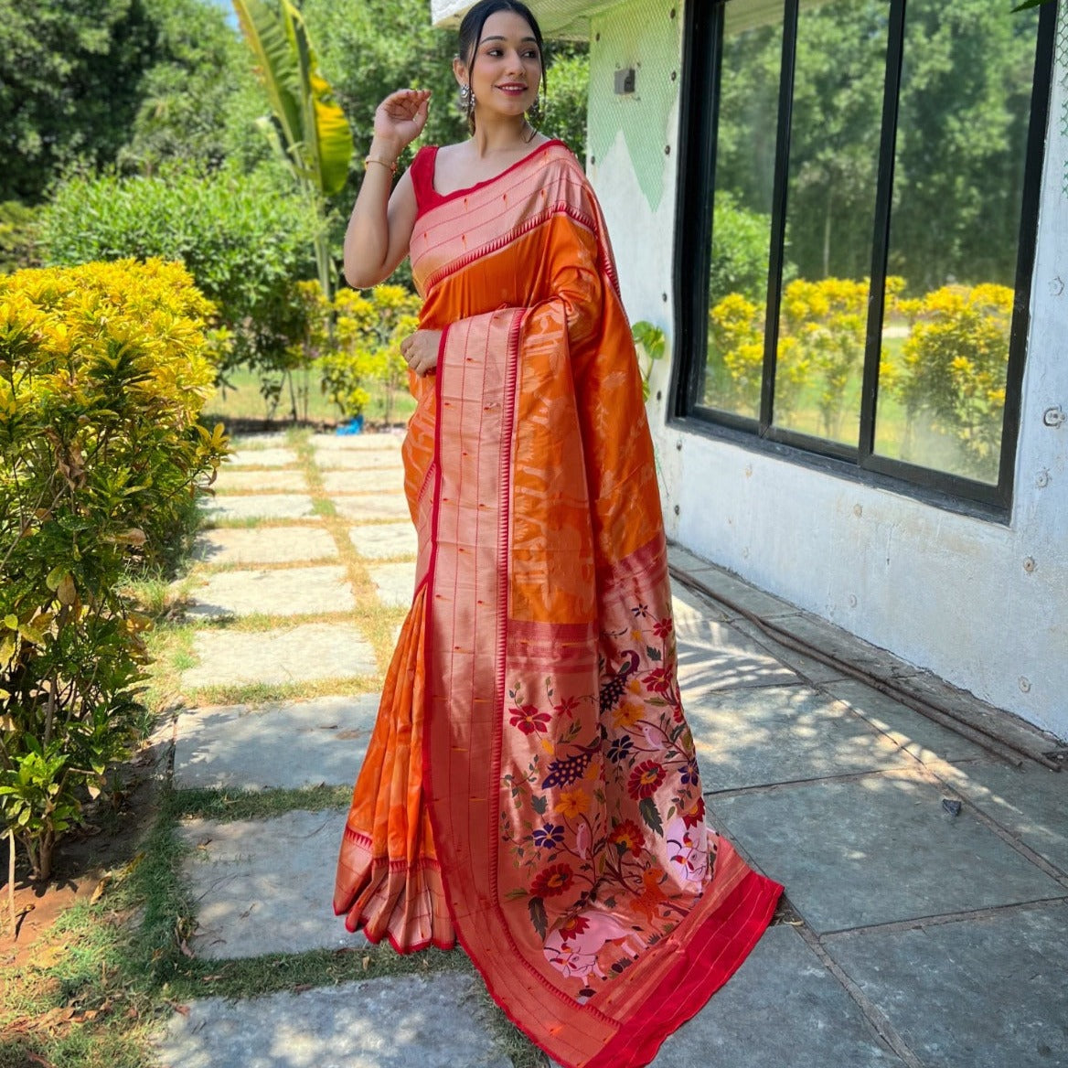 PURE SOFT PAITHANI SILK ORANGE COLOR SAREE
