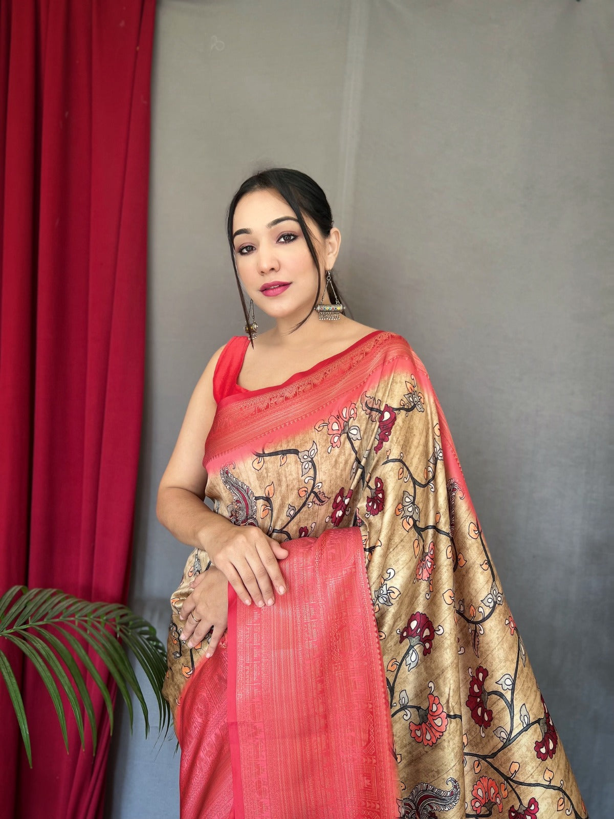 RED & SKY BLUE COLOR DIGITAL PRINT KANCHIPURAM SILK SAREE
