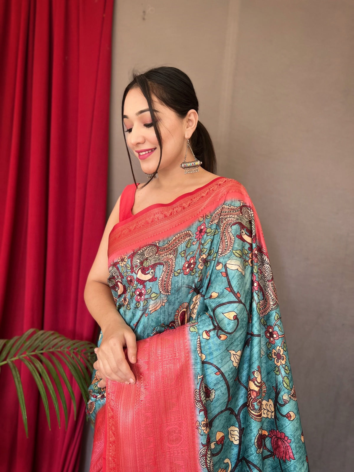 RED & SKY BLUE COLOR DIGITAL PRINT KANCHIPURAM SILK SAREE