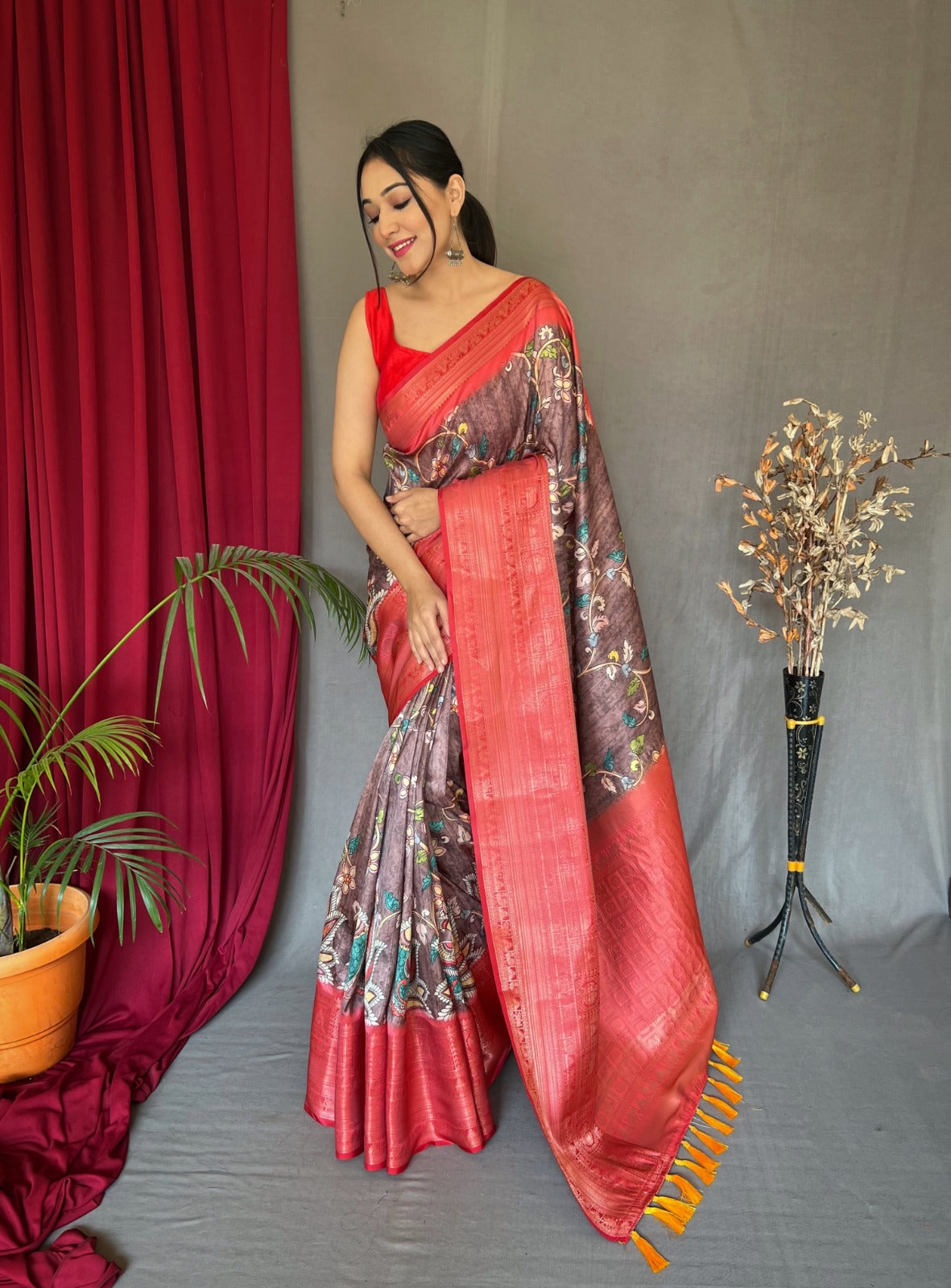 RED & SKY BLUE COLOR DIGITAL PRINT KANCHIPURAM SILK SAREE