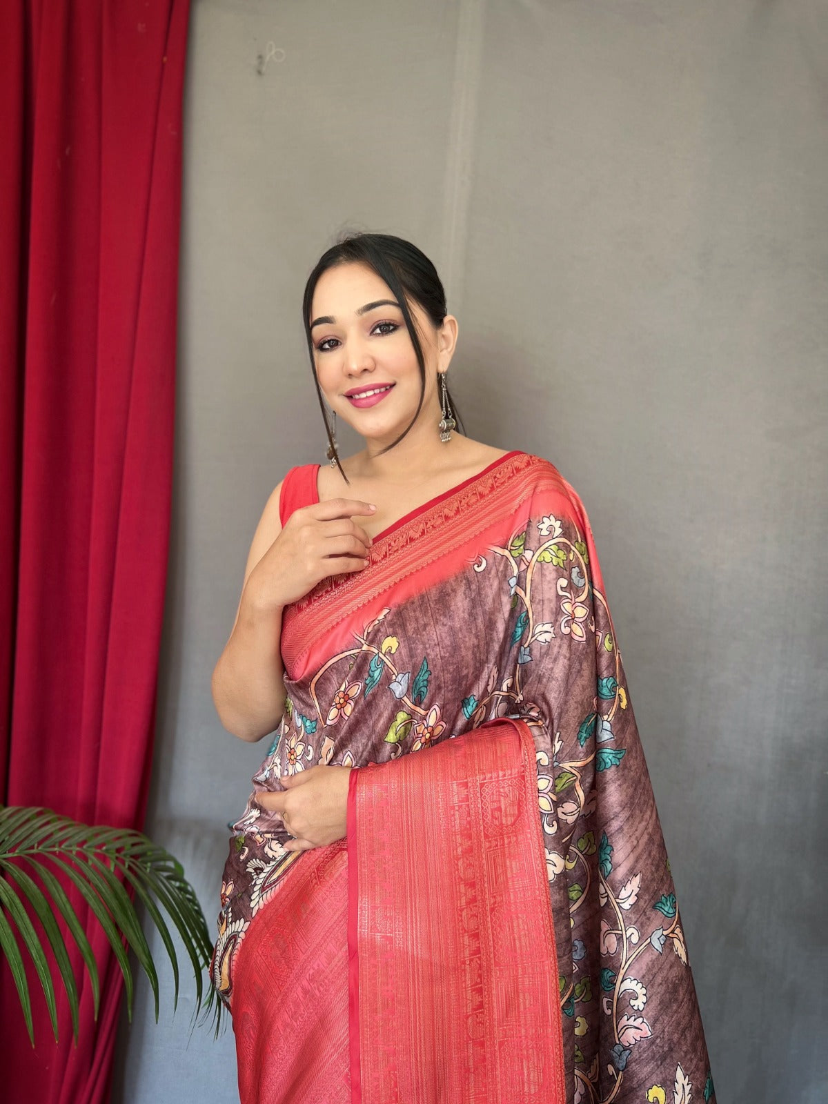 RED & SKY BLUE COLOR DIGITAL PRINT KANCHIPURAM SILK SAREE