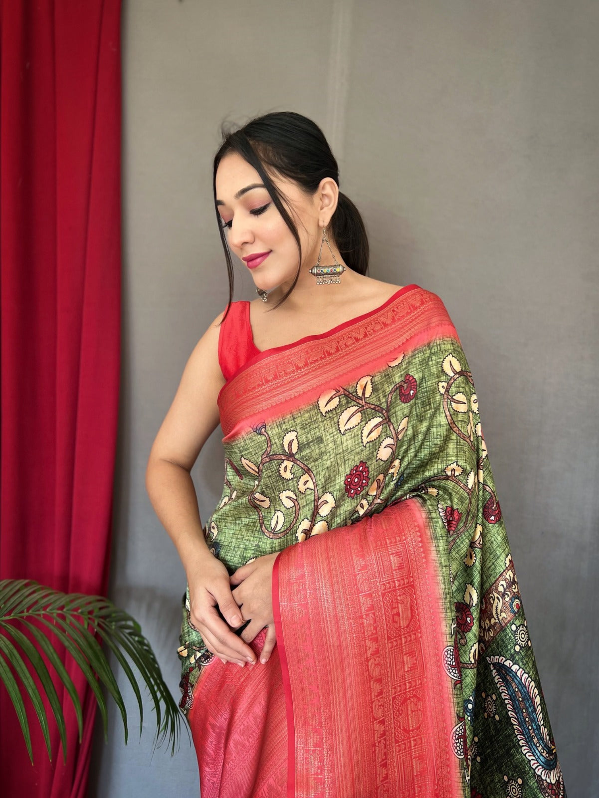 RED & SKY BLUE COLOR DIGITAL PRINT KANCHIPURAM SILK SAREE