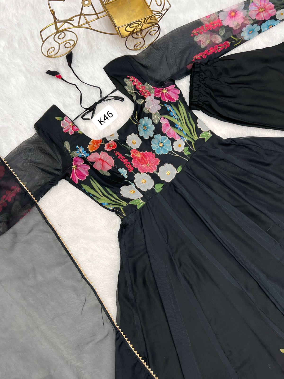 BLAK FLORAL PRINT WITH BADLA ZARI WORK ANARKALI 3PC KURTA SET