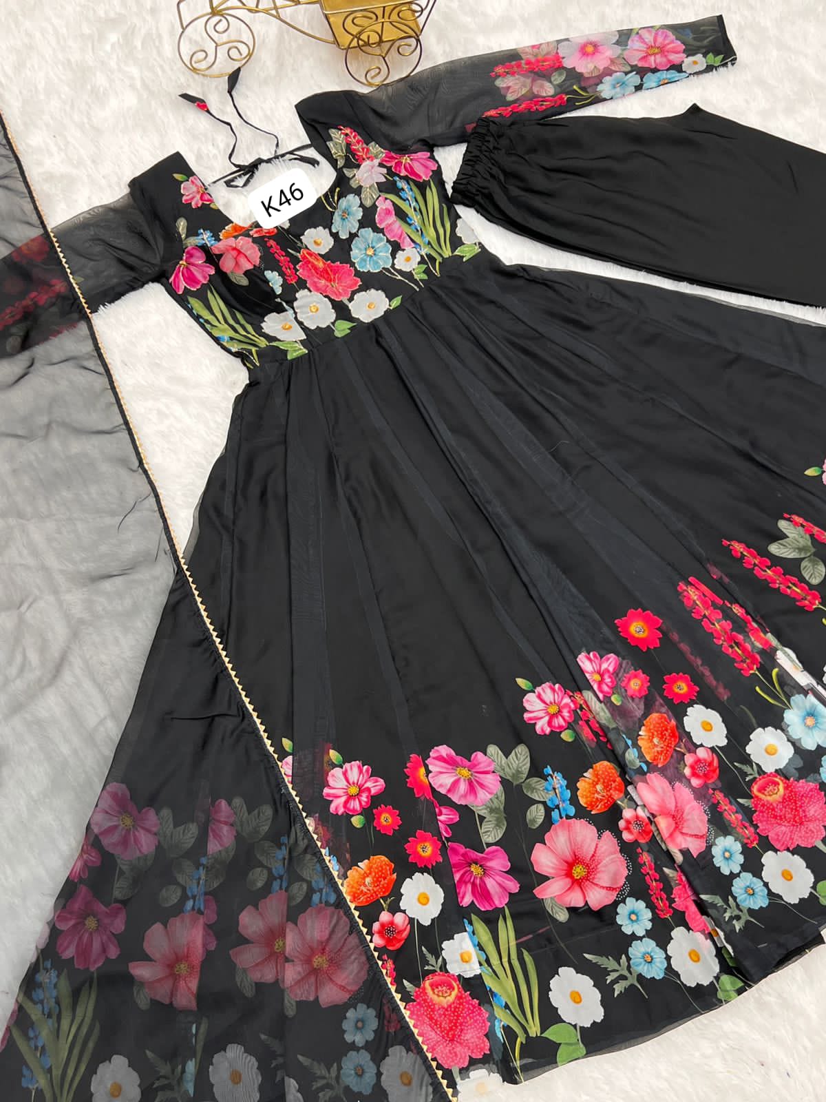 BLAK FLORAL PRINT WITH BADLA ZARI WORK ANARKALI 3PC KURTA SET