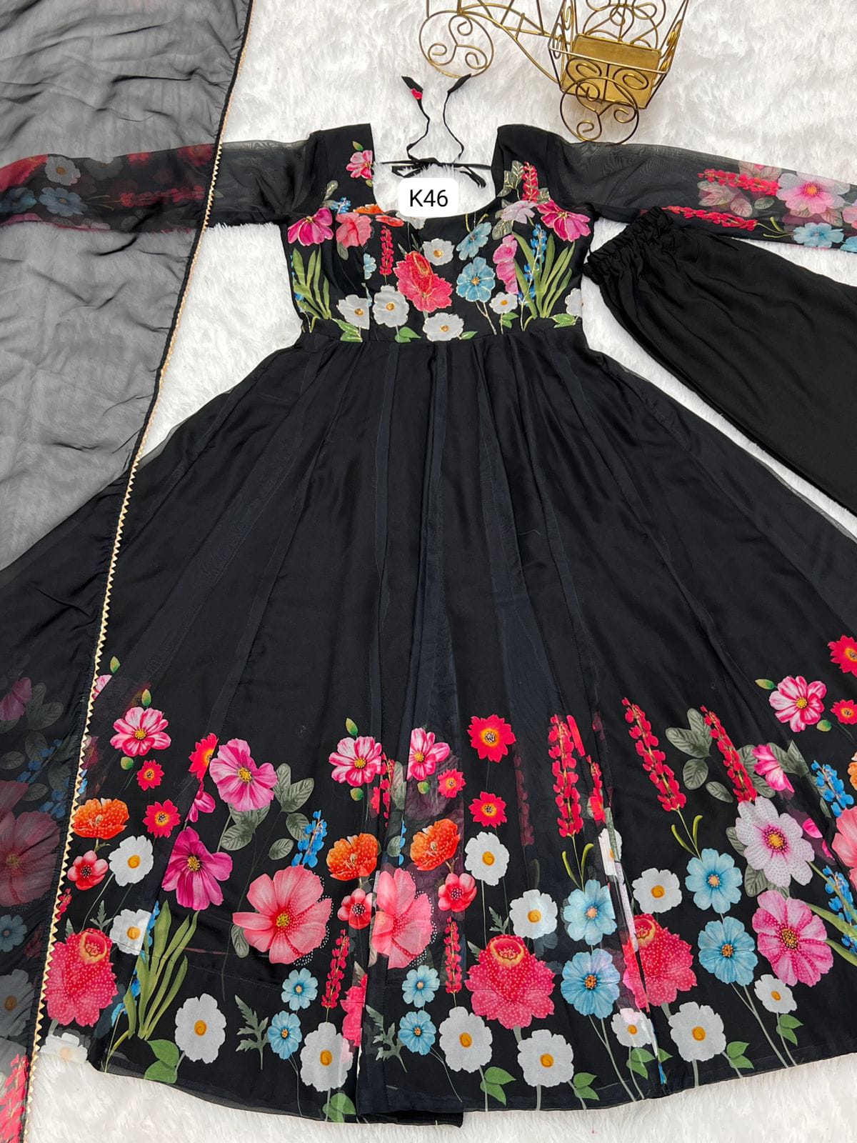 BLAK FLORAL PRINT WITH BADLA ZARI WORK ANARKALI 3PC KURTA SET