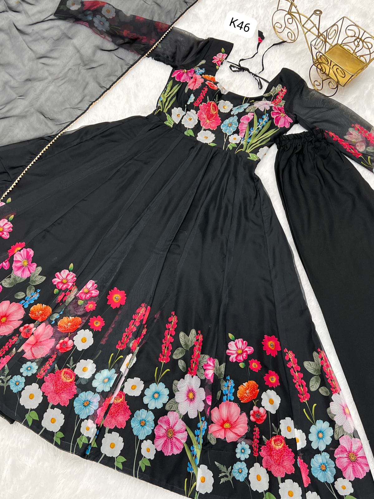 BLAK FLORAL PRINT WITH BADLA ZARI WORK ANARKALI 3PC KURTA SET