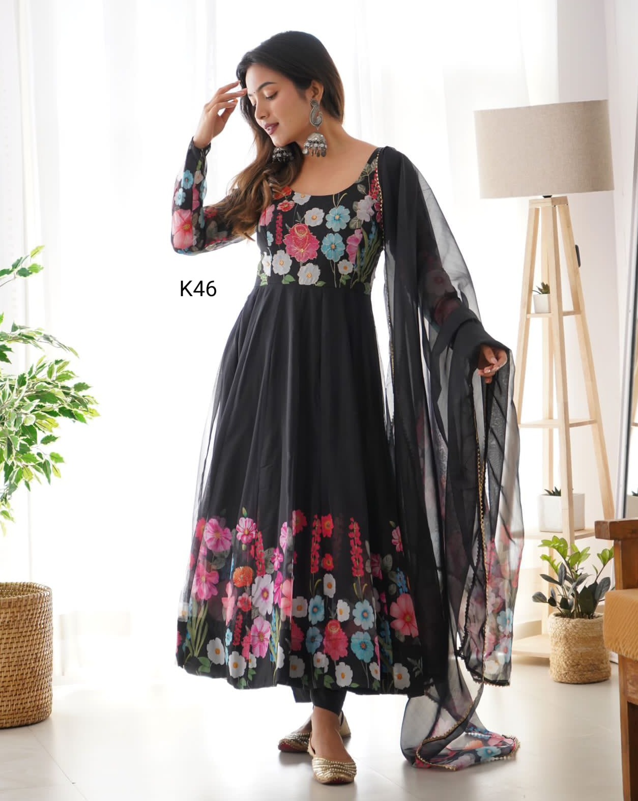 BLAK FLORAL PRINT WITH BADLA ZARI WORK ANARKALI 3PC KURTA SET