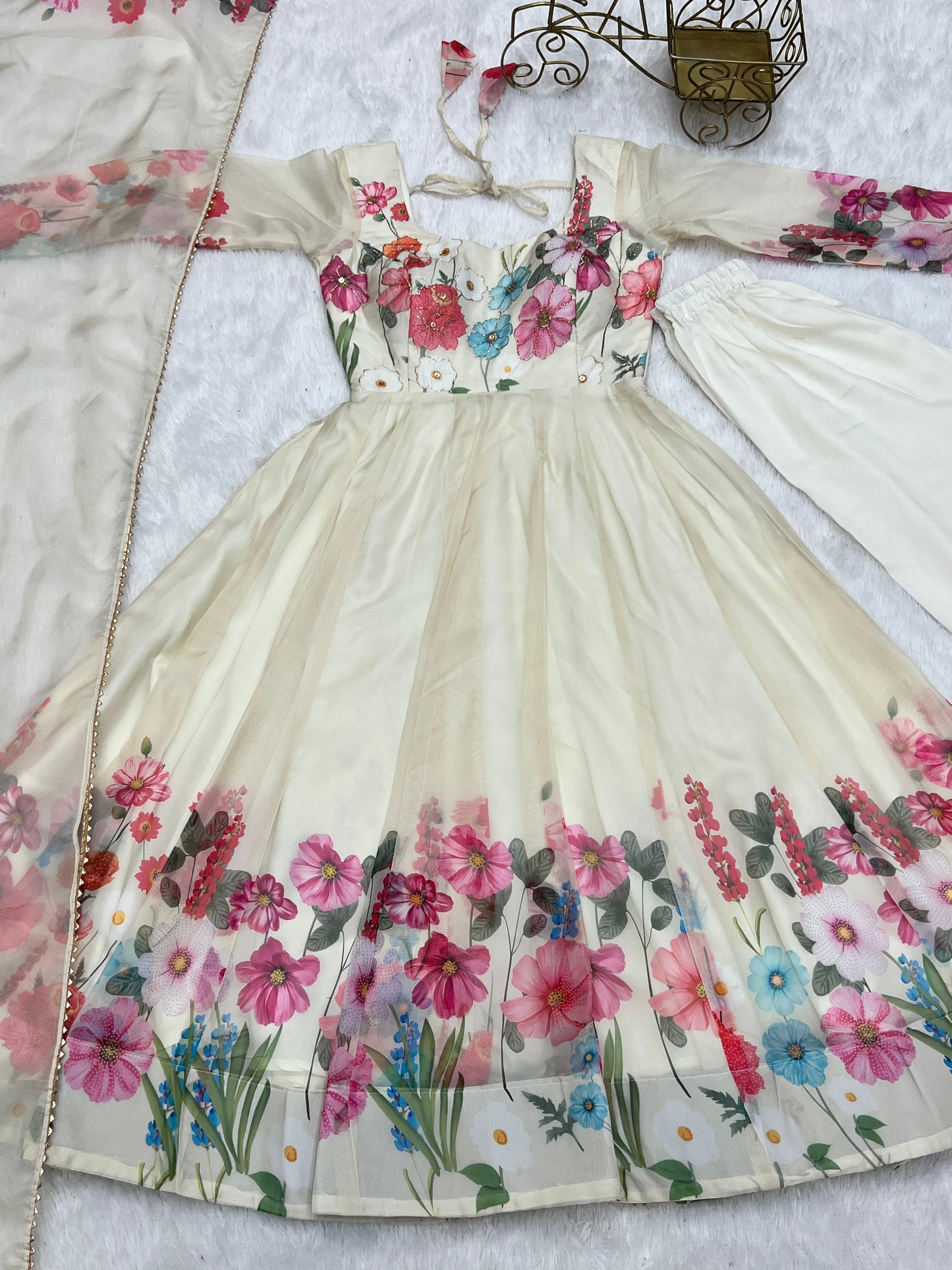 OFF WHITE FLORAL PRINT ORGANJA BADLA ZARI WORK ANARKALI 3PC KURTA SET