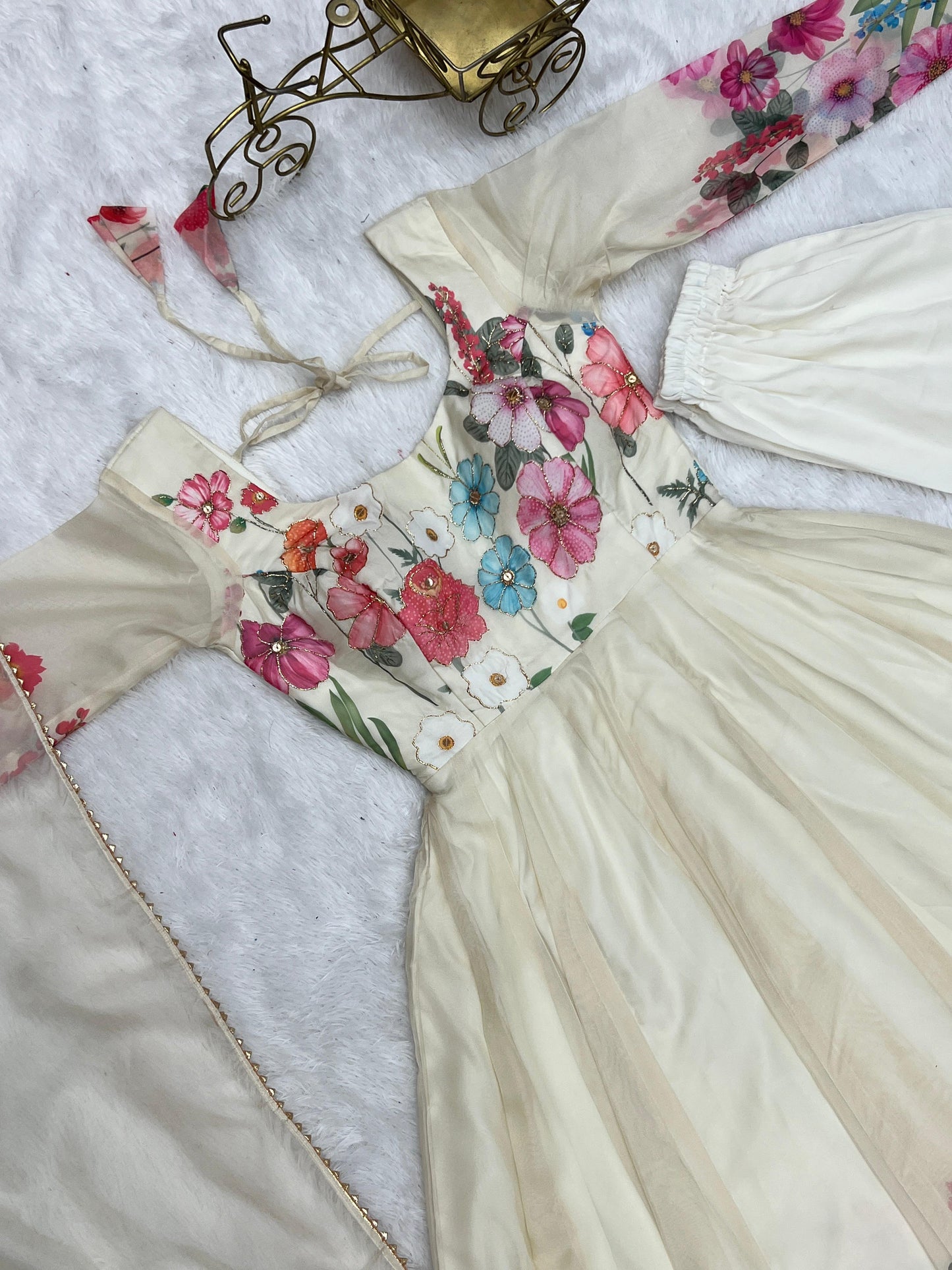 OFF WHITE FLORAL PRINT ORGANJA BADLA ZARI WORK ANARKALI 3PC KURTA SET