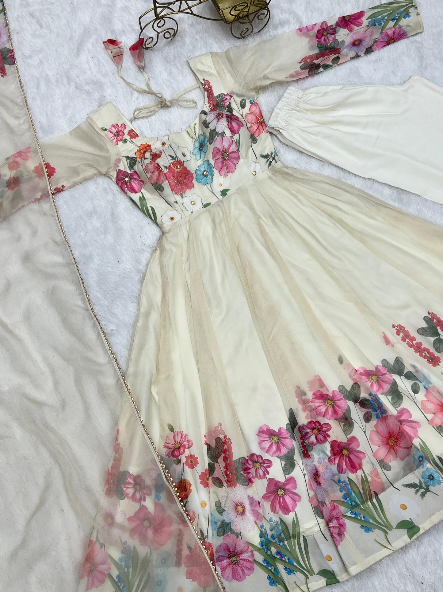 OFF WHITE FLORAL PRINT ORGANJA BADLA ZARI WORK ANARKALI 3PC KURTA SET