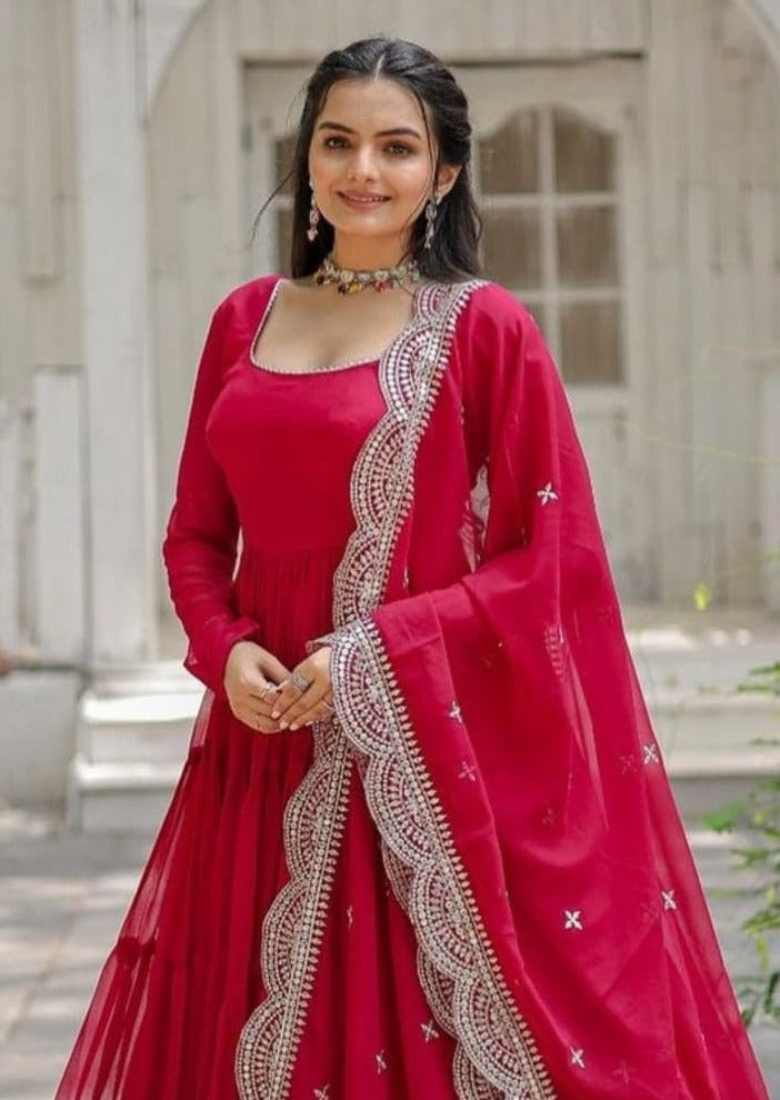 RANI PINK COLOR BLOOMING DESIGNER EMBROIDERED ANARKALI GOWN WITH CUT WORK DUPATTA