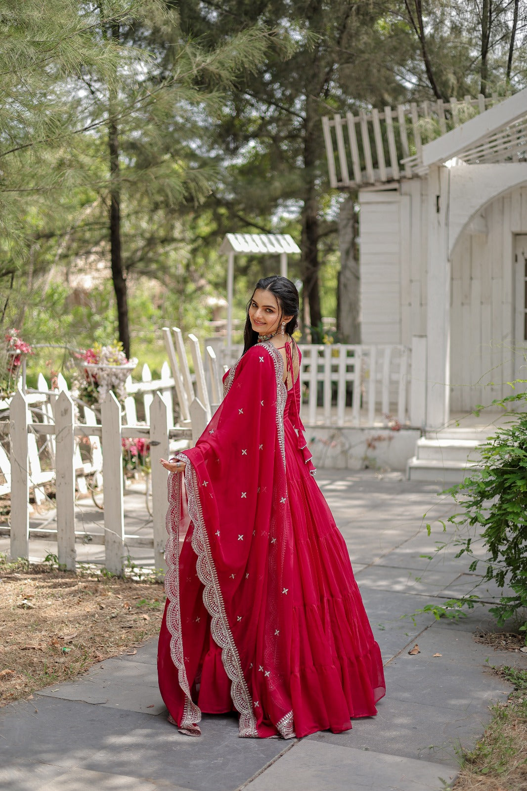 RANI PINK COLOR BLOOMING DESIGNER EMBROIDERED ANARKALI GOWN WITH CUT WORK DUPATTA