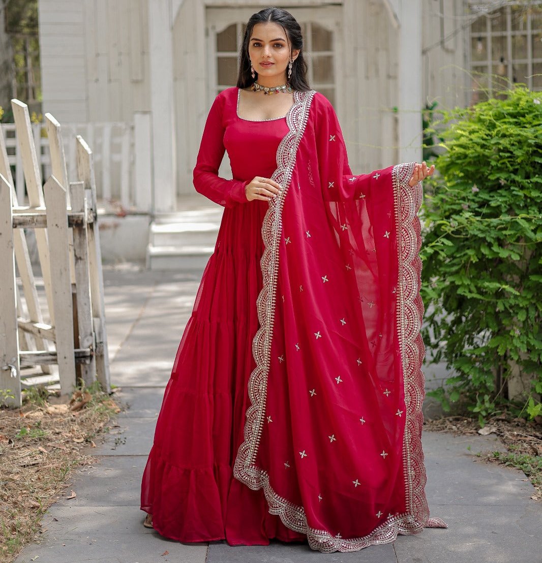 RANI PINK COLOR BLOOMING DESIGNER EMBROIDERED ANARKALI GOWN WITH CUT WORK DUPATTA