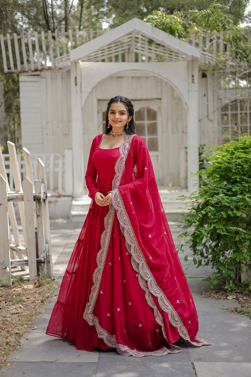 RANI PINK COLOR BLOOMING DESIGNER EMBROIDERED ANARKALI GOWN WITH CUT WORK DUPATTA