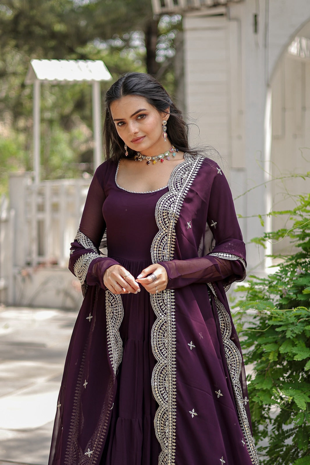 WINE COLOR BLOOMING DESIGNER EMBROIDERED ANARKALI GOWN WITH CUT WORK DUPATTA