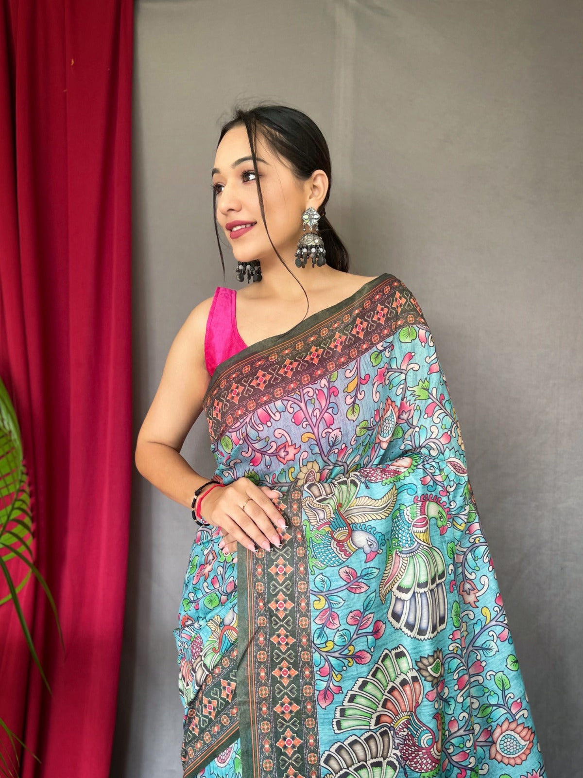 PINK COLOR KALAMKARI PRINT MALAI COTTON SAREE