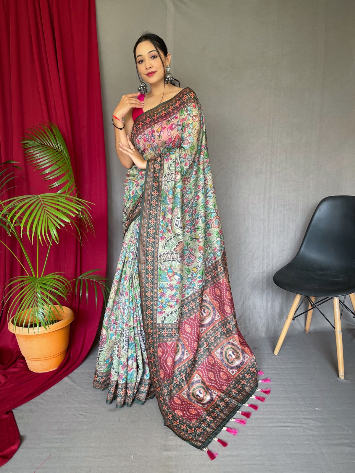 PINK COLOR KALAMKARI PRINT MALAI COTTON SAREE