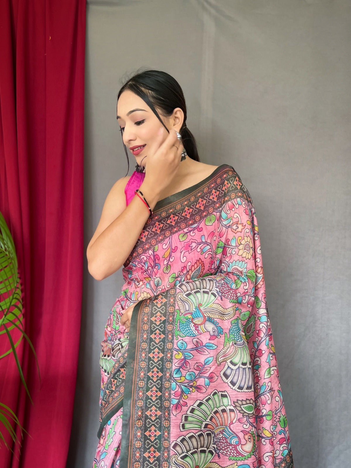 PINK COLOR KALAMKARI PRINT MALAI COTTON SAREE