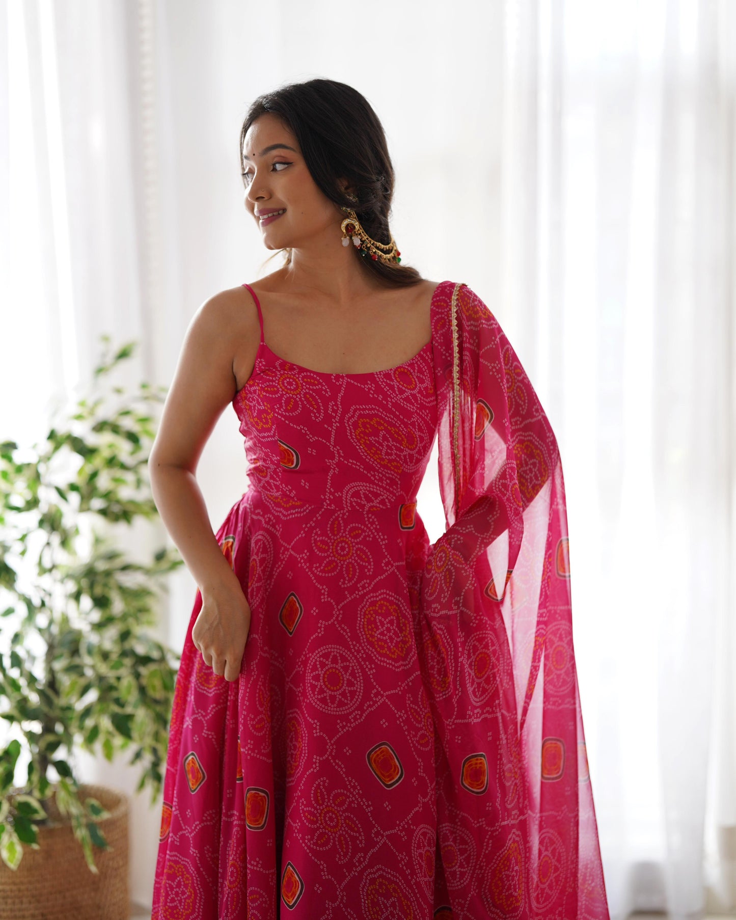 SOFT LIGHT WEIGHT CHIFFON GREEN BANDHANI PRINT ANARKALI 3PC KURTA SET